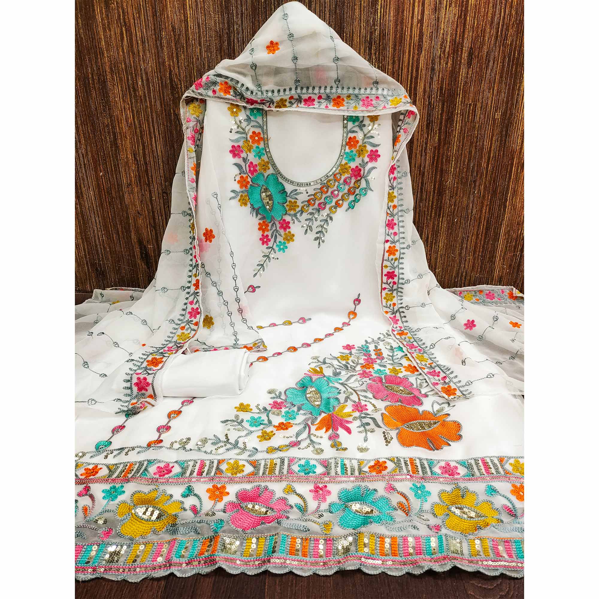 White Floral Sequins Embroidered Georgette Dress Material