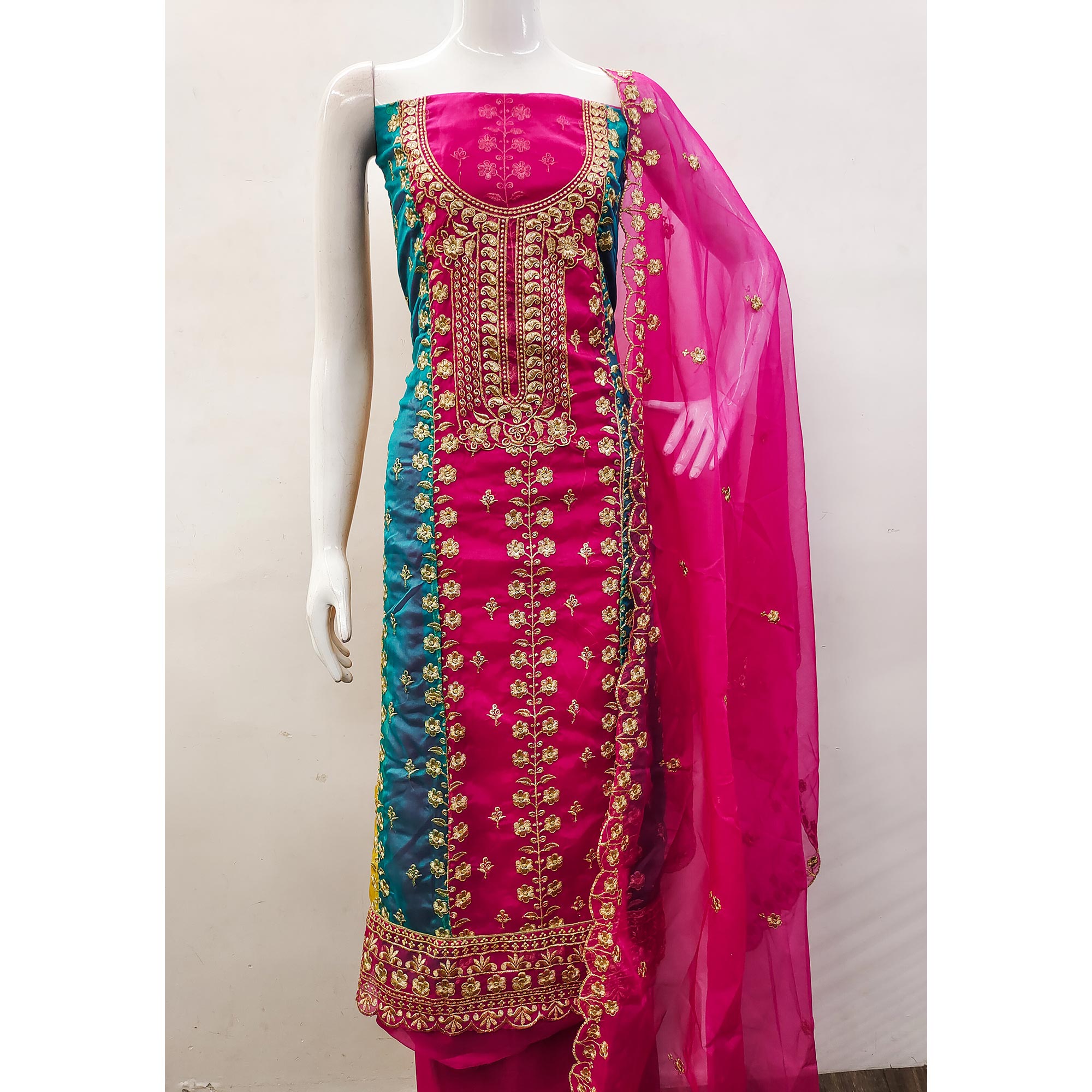 Pink Floral Embroidered With Digital Printed Organza Dress Material