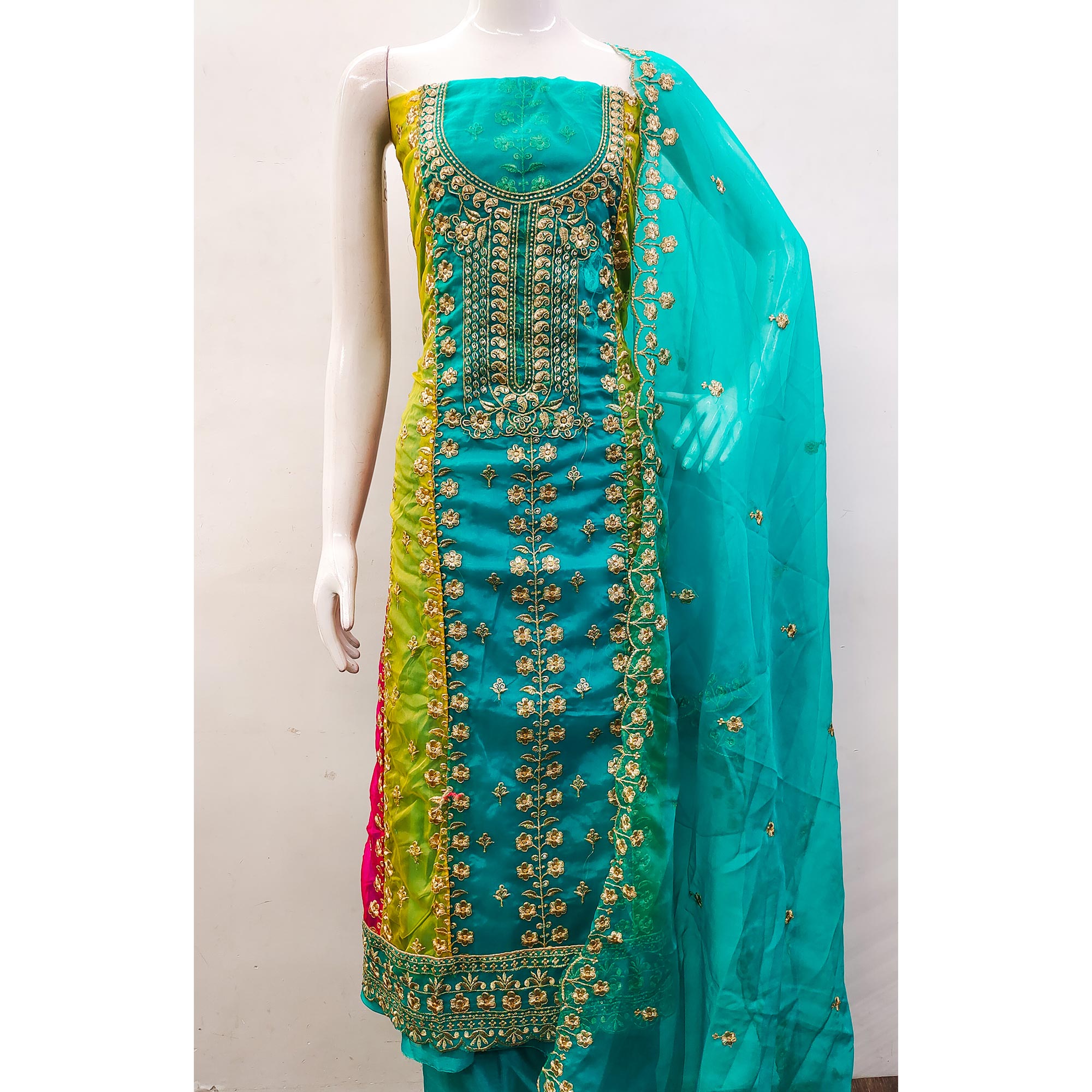Turquoise Floral Embroidered With Digital Printed Organza Dress Material