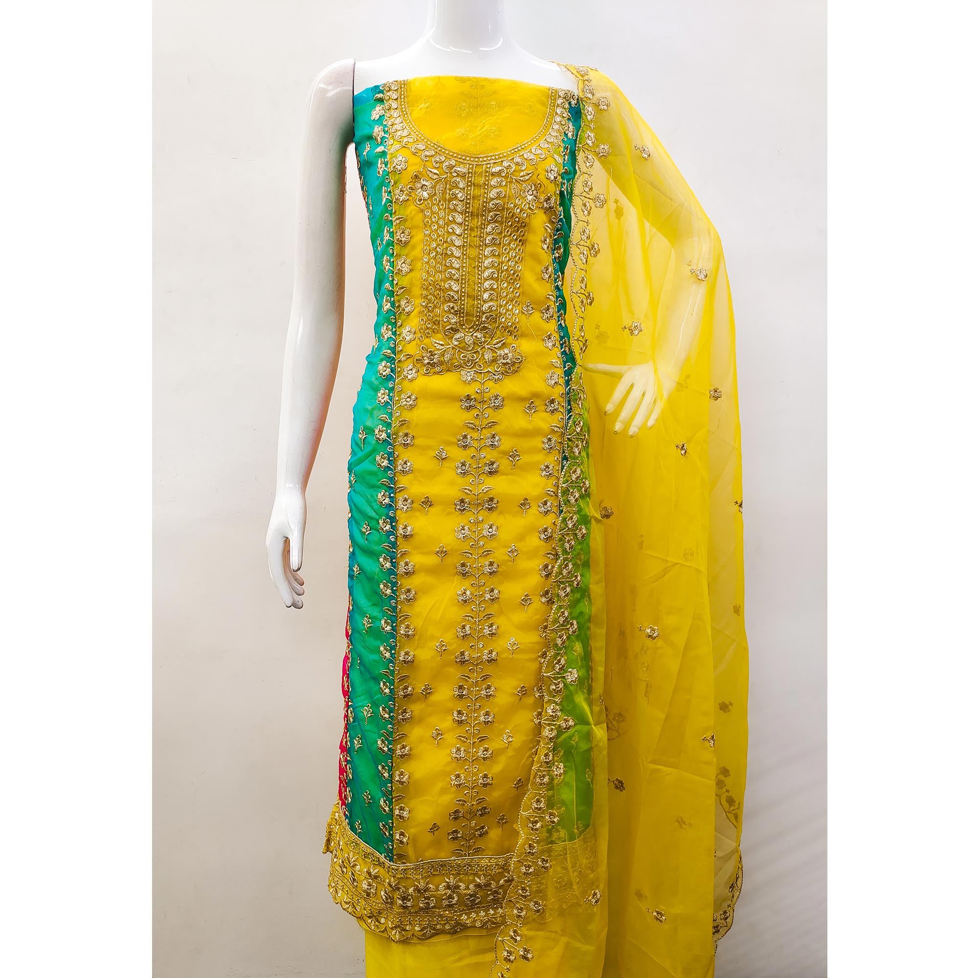 Yellow Floral Embroidered With Digital Printed Organza Dress Material