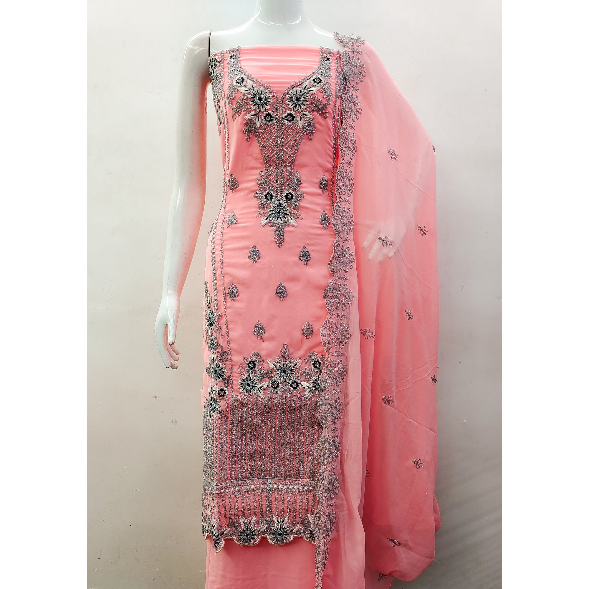 Peach Floral Embroidered Georgette Dress Material