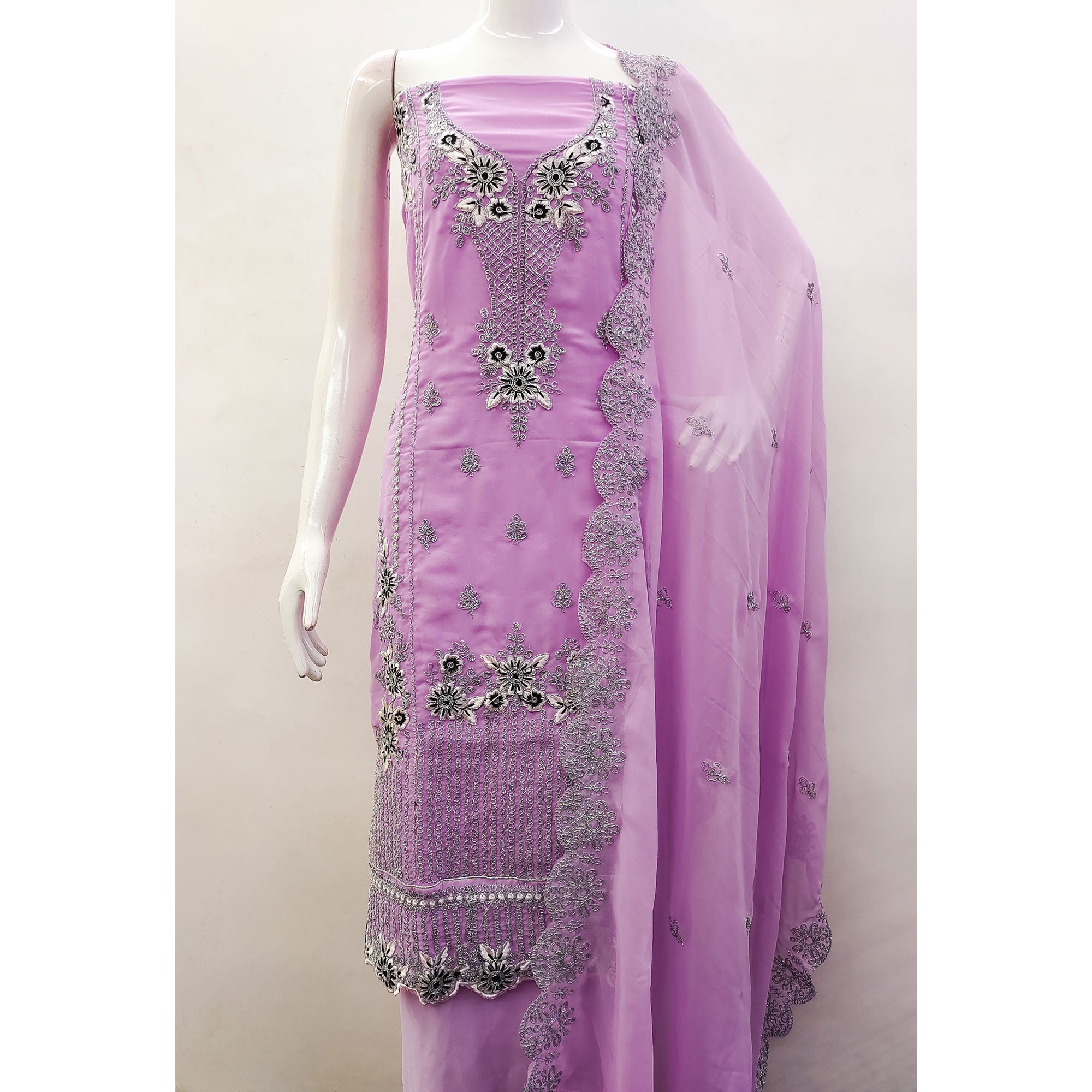 Pink Floral Embroidered Georgette Dress Material