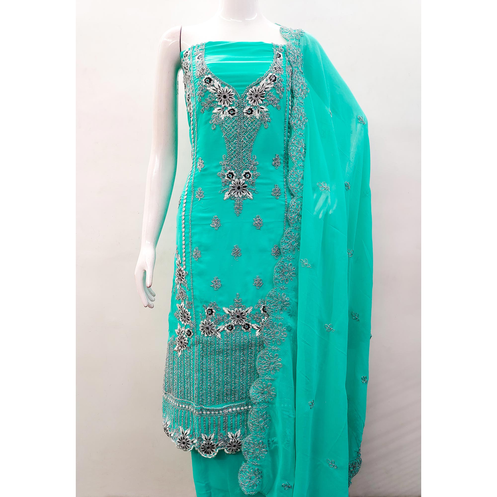 Turquoise Floral Embroidered Georgette Dress Material