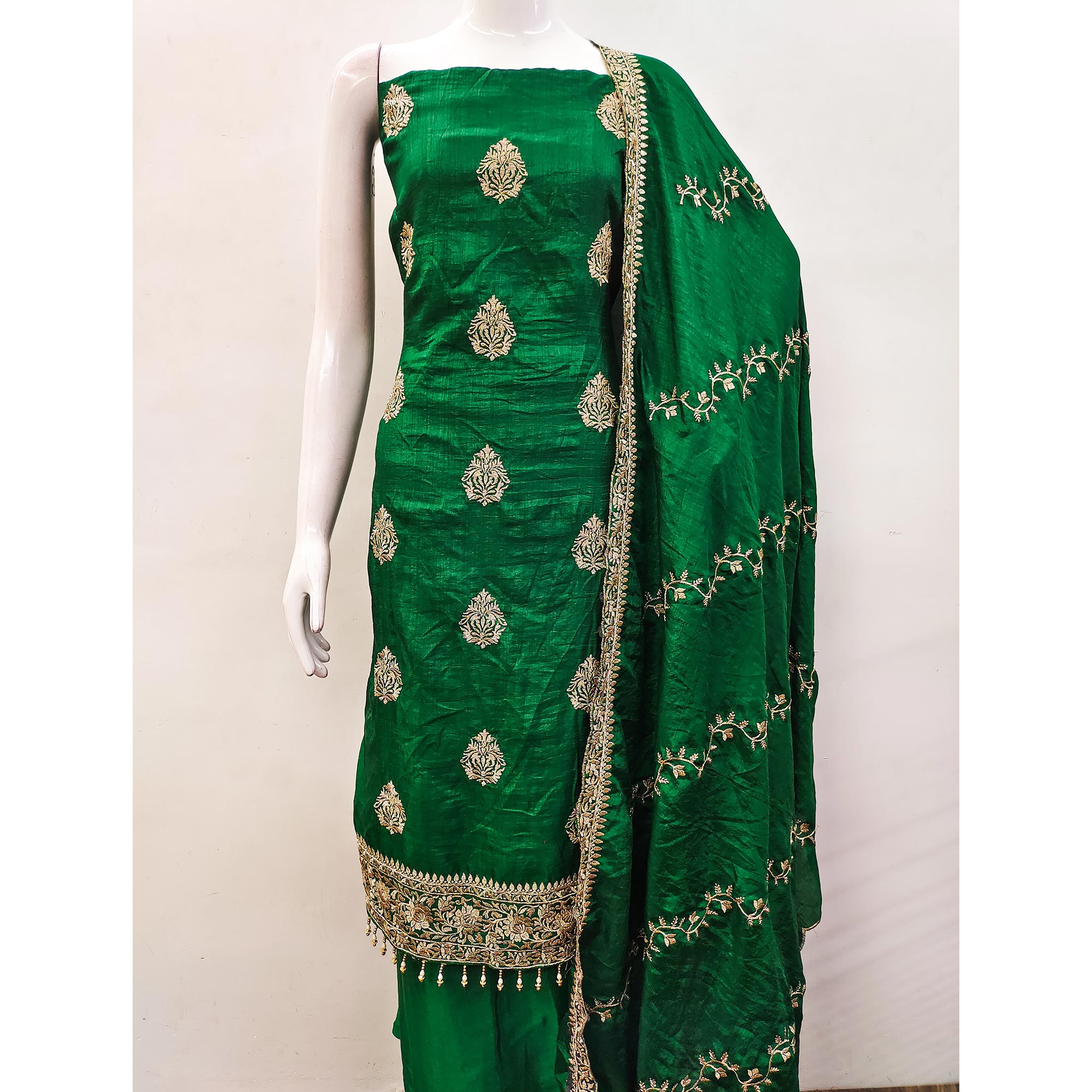 Green Floral Embroidered Vichitra Silk Dress Material