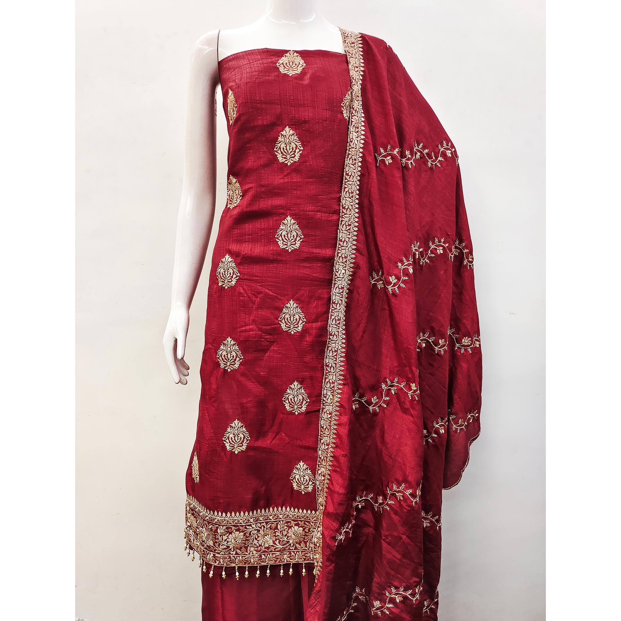 Maroon Floral Embroidered Vichitra Silk Dress Material