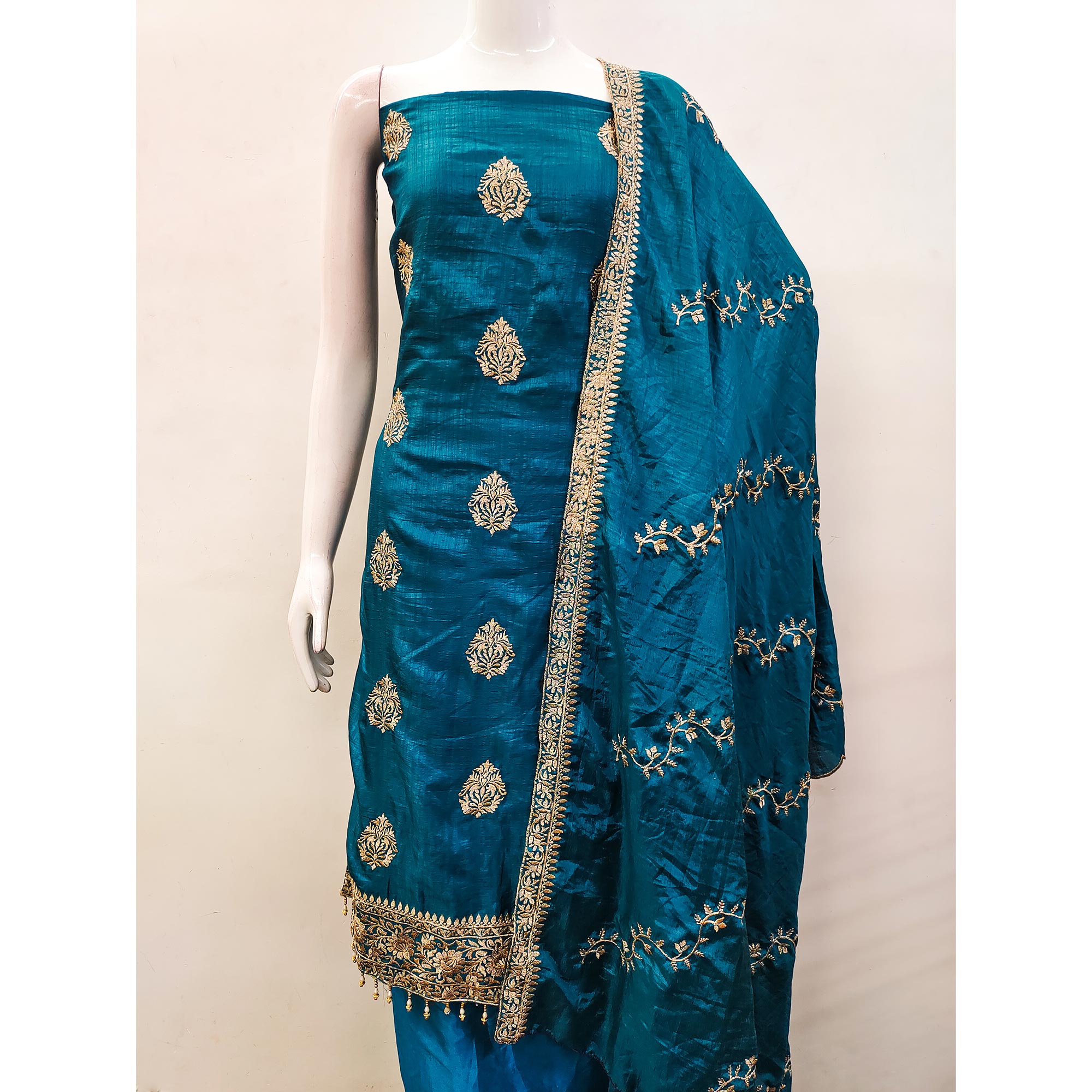 Morpich Floral Embroidered Vichitra Silk Dress Material