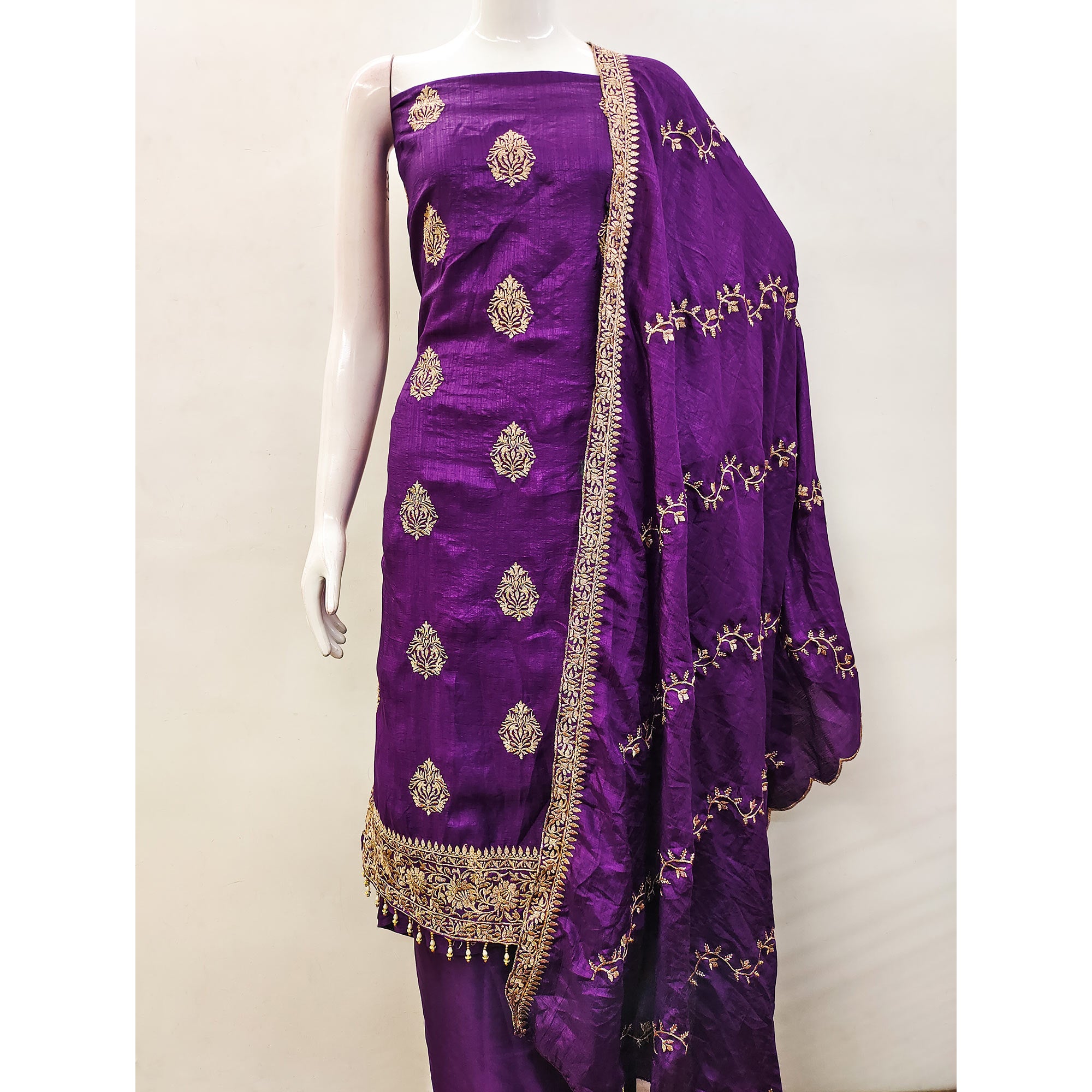 Purple Floral Embroidered Vichitra Silk Dress Material