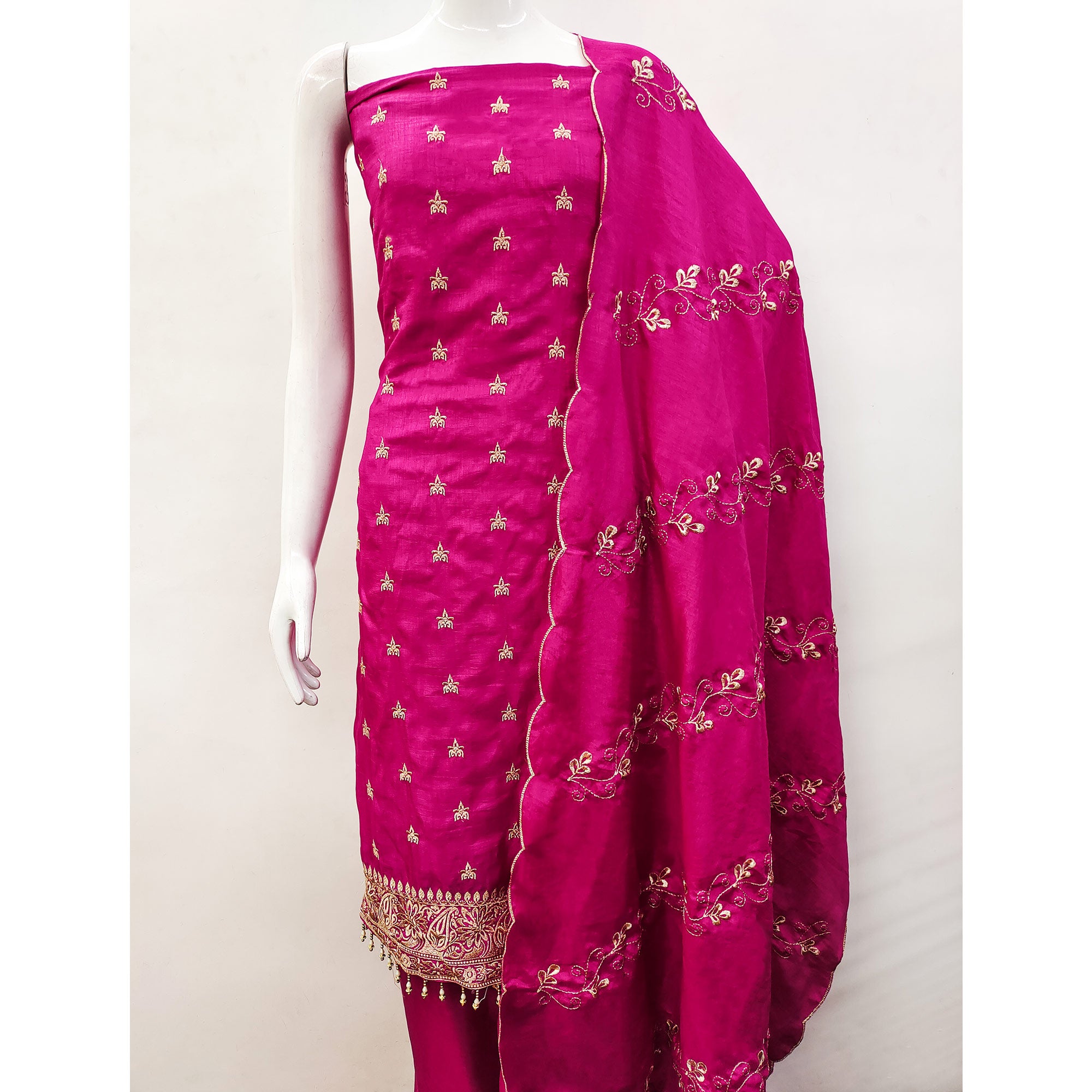 Rani Pink Embroidered Vichitra Silk Dress Material