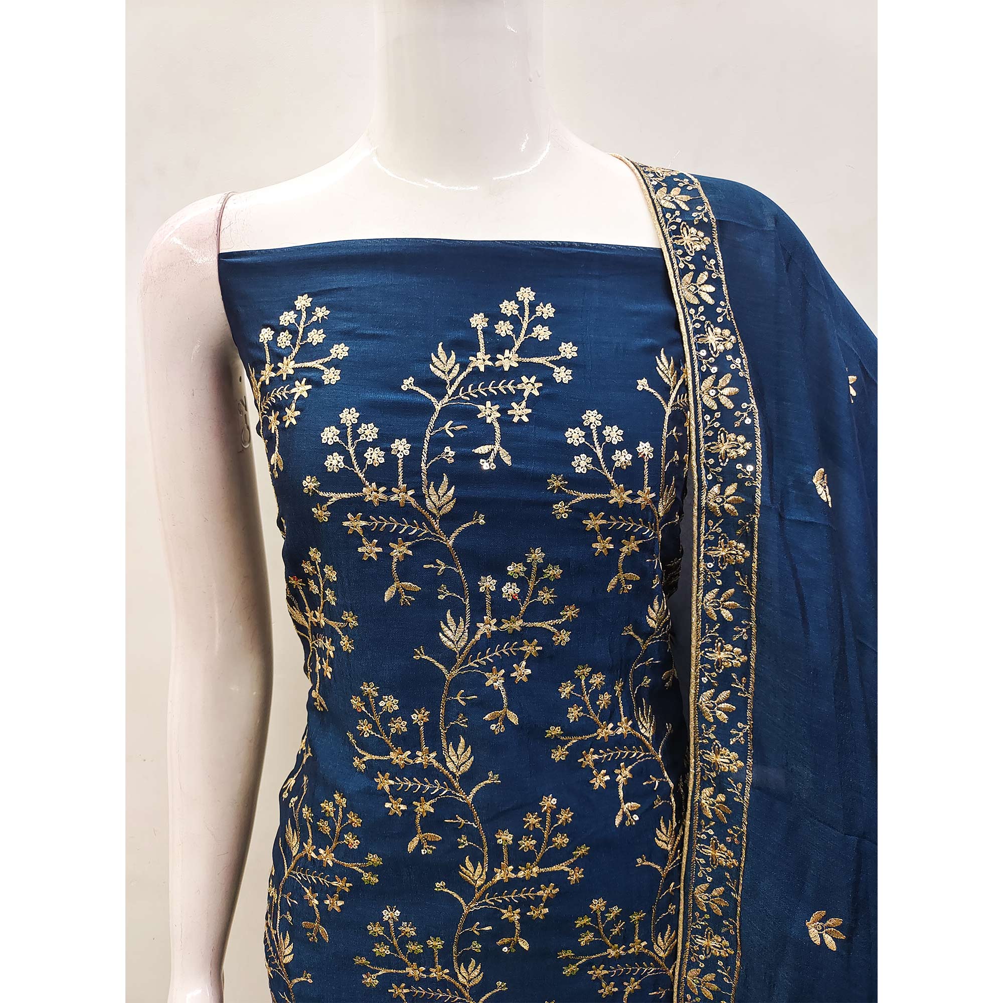 Blue Floral Embroidered Vichitra Silk Dress Material