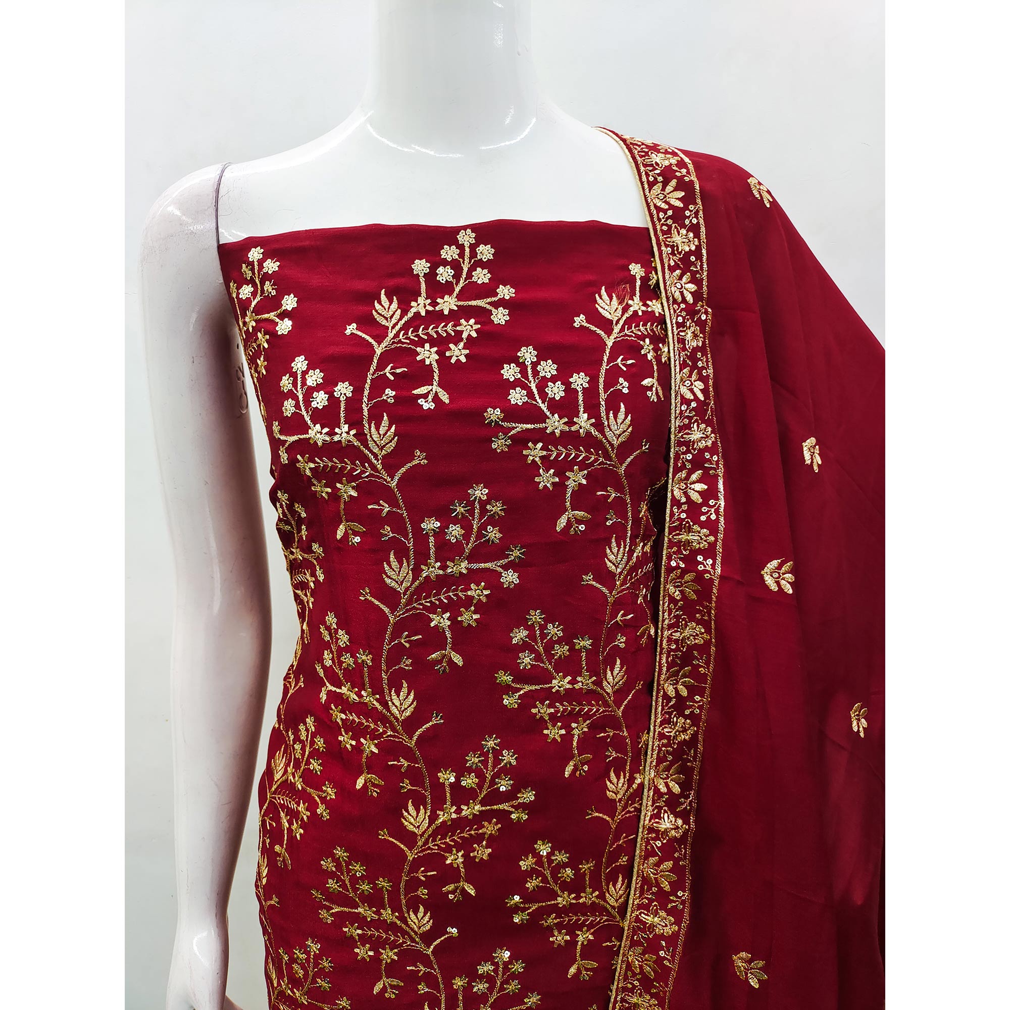 Maroon Floral Embroidered Vichitra Silk Dress Material