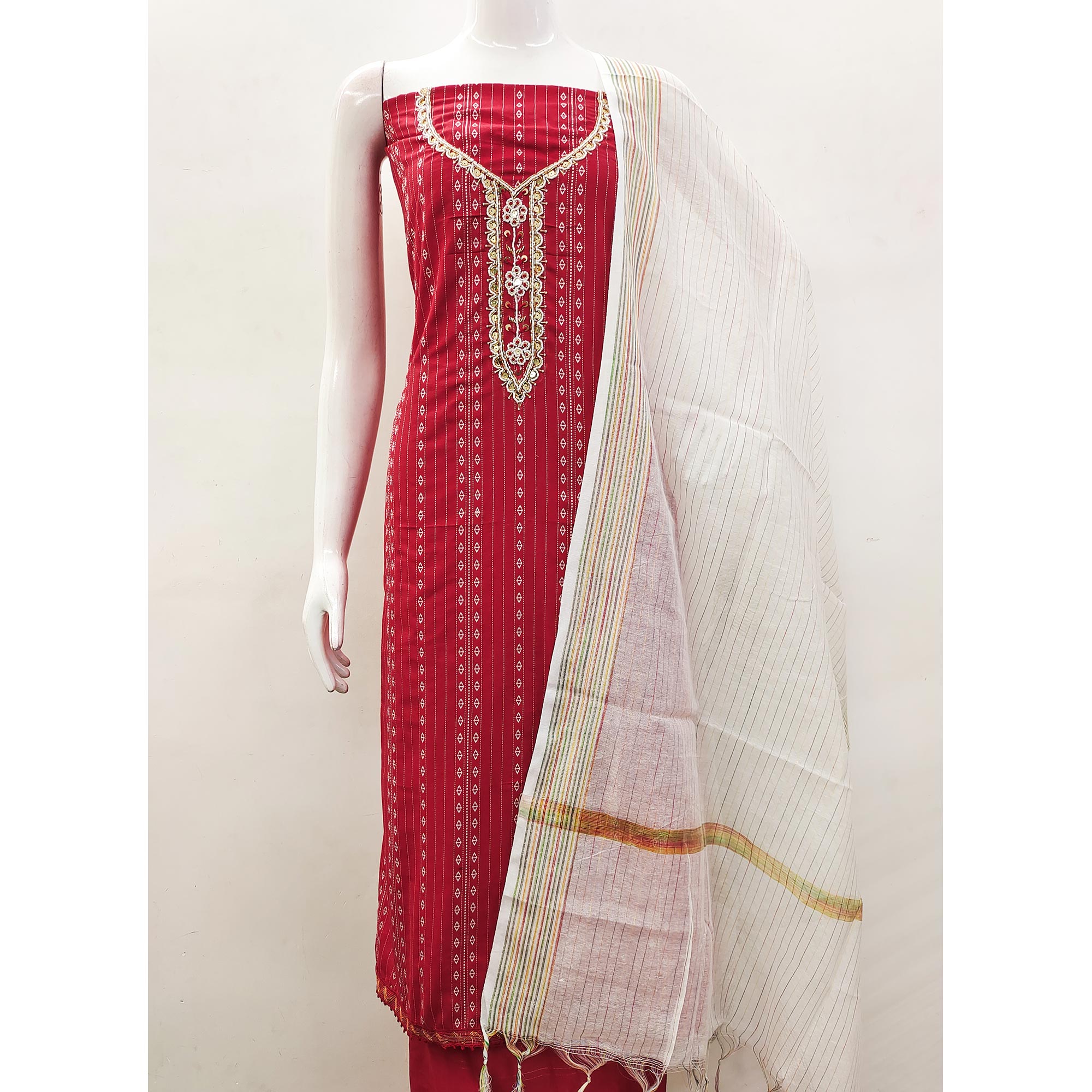 Red Woven With Handwork Cotton Blend Dress Material