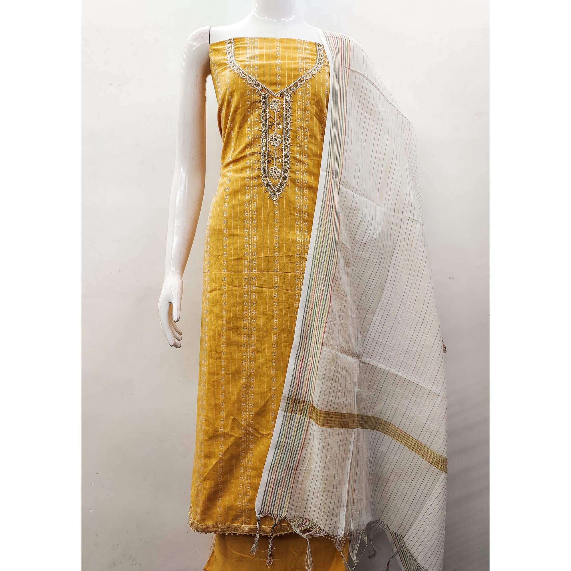 Yellow Woven With Handwork Cotton Blend Dress Material