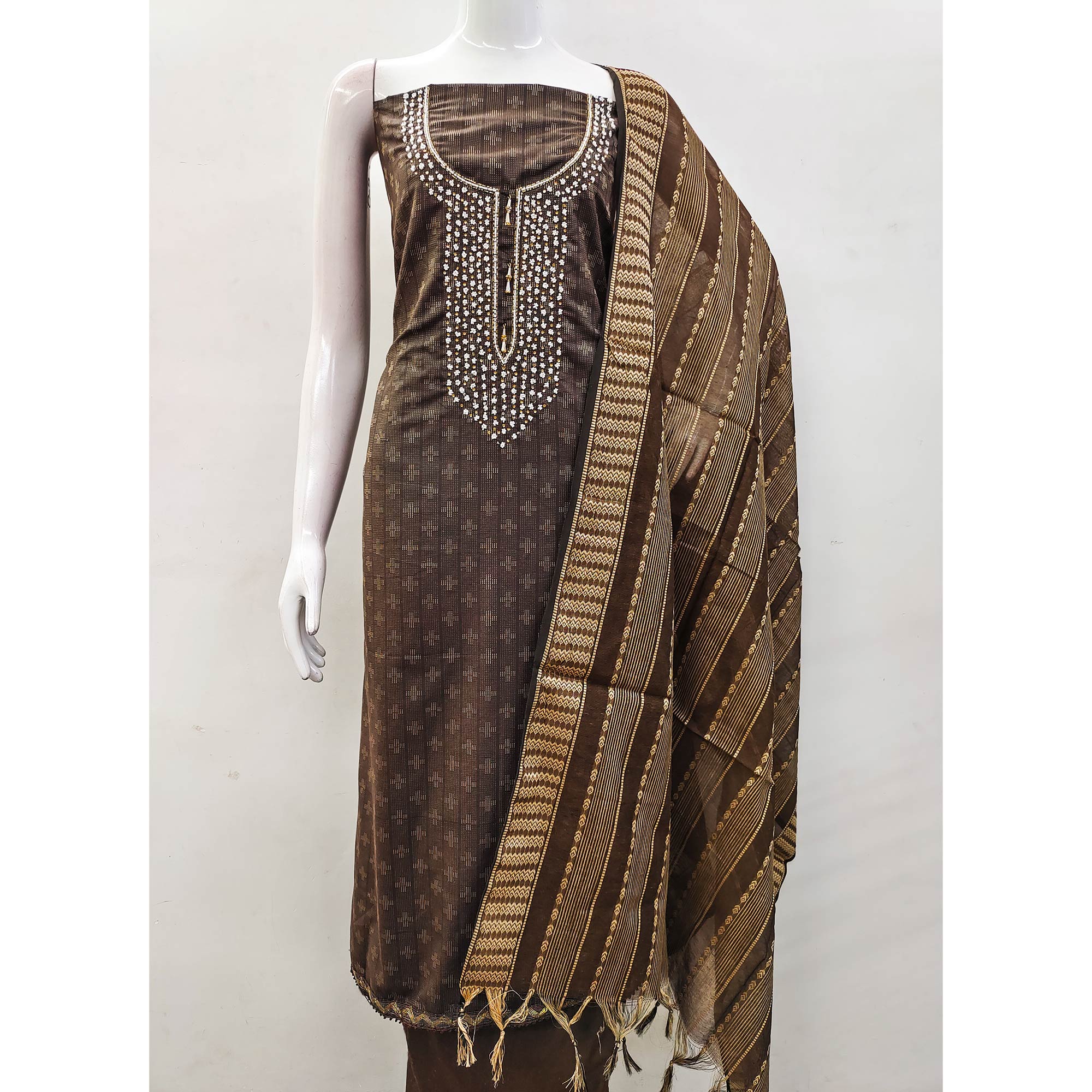Brown Woven With Handwork Cotton Blend Dress Material