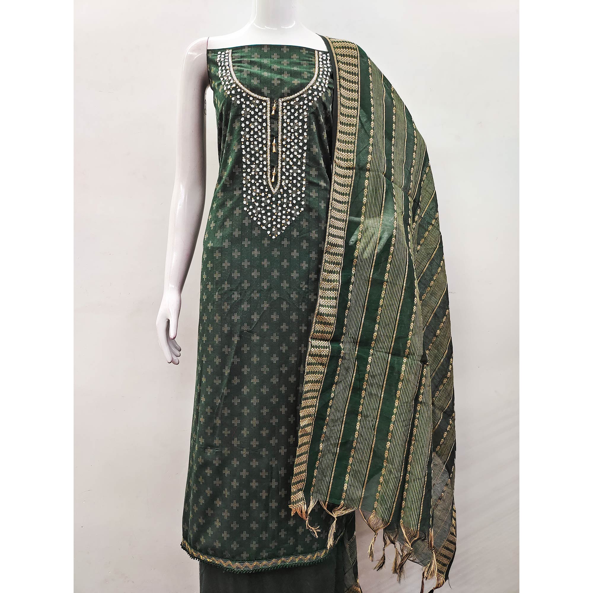 Green Woven With Handwork Cotton Blend Dress Material