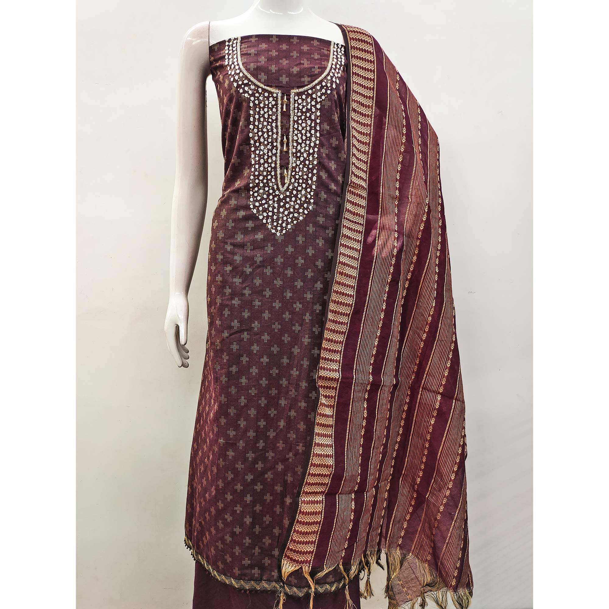 Wine Woven With Handwork Cotton Blend Dress Material