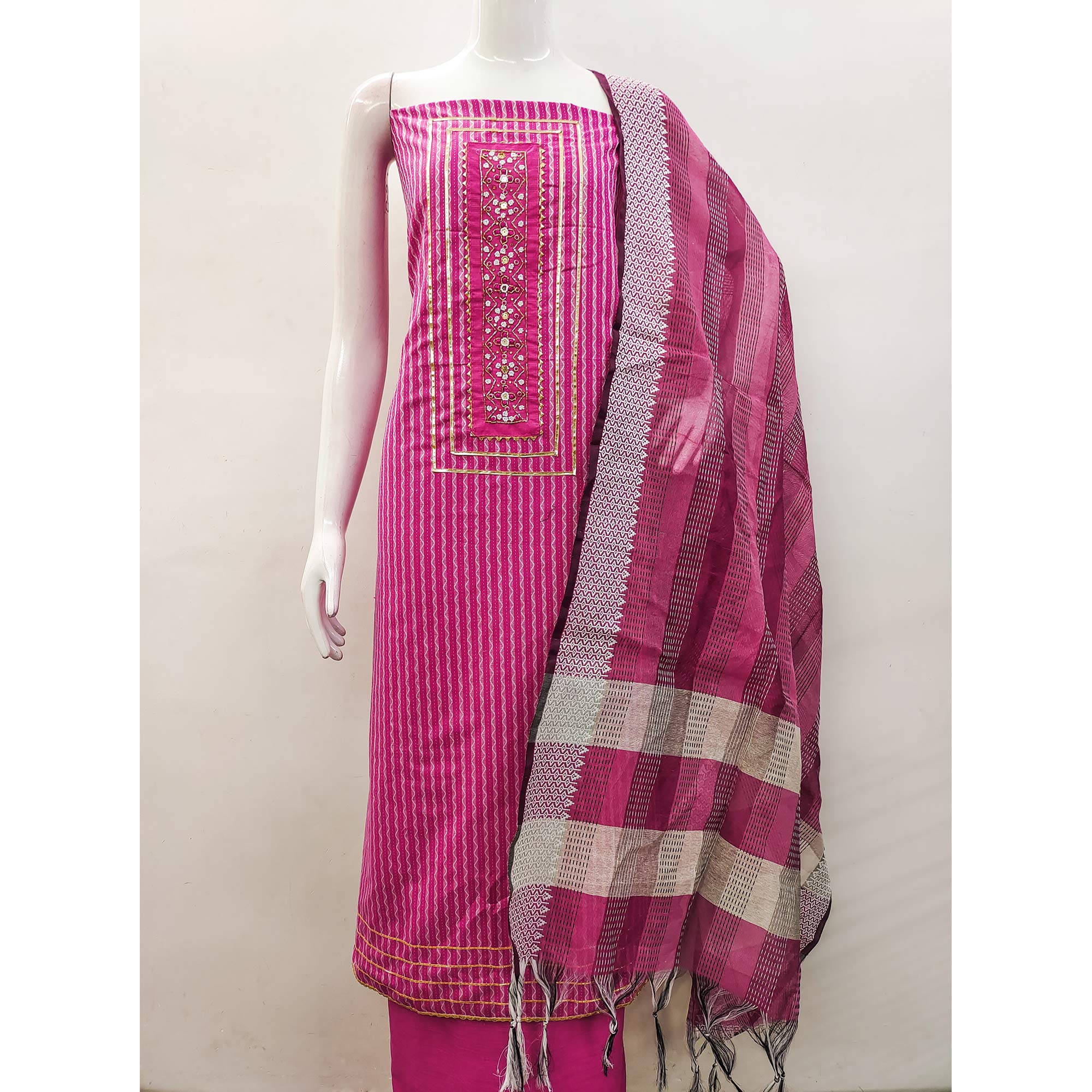 Pink Woven With Handwork Cotton Blend Dress Material