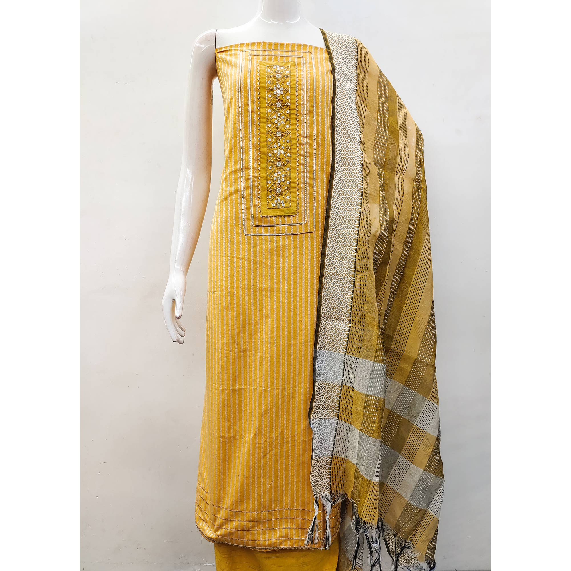 Yellow Woven With Handwork Cotton Blend Dress Material