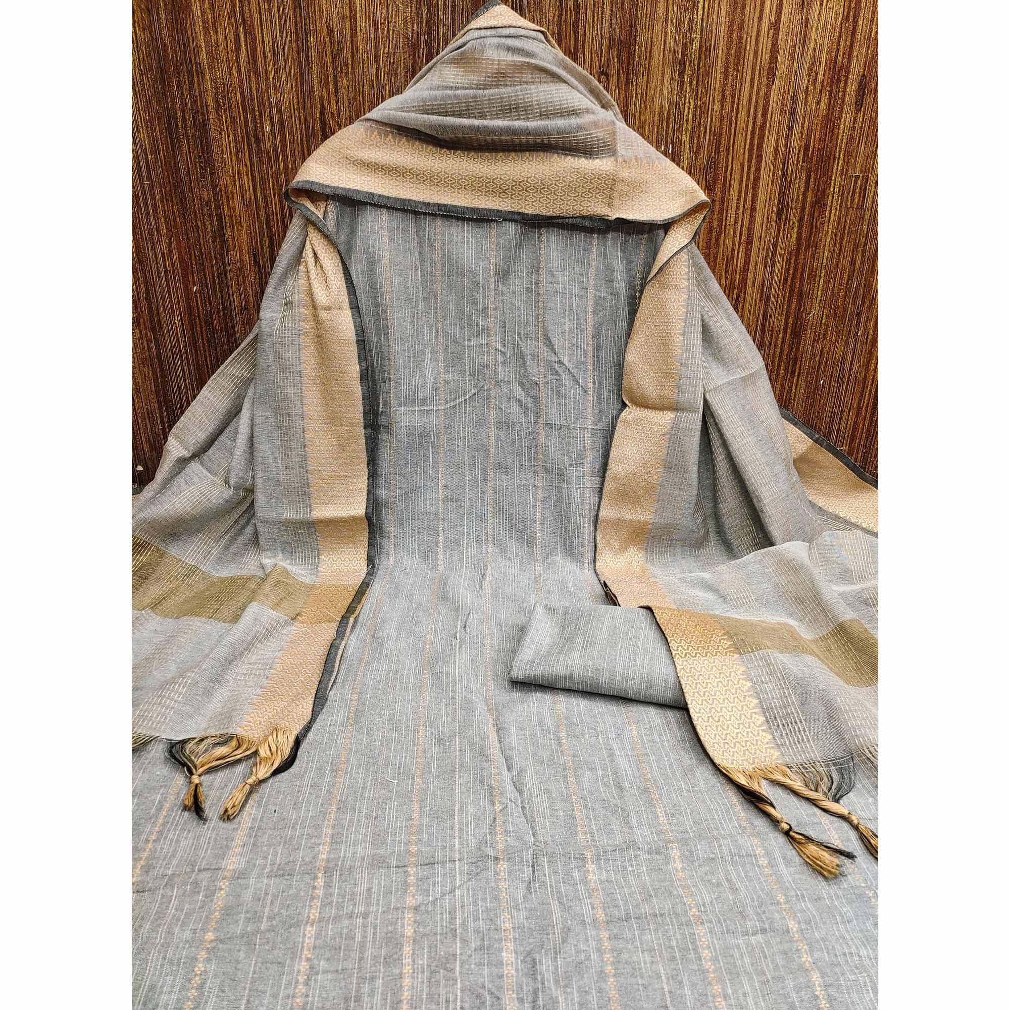 Grey Woven Cotton Blend Dress Material