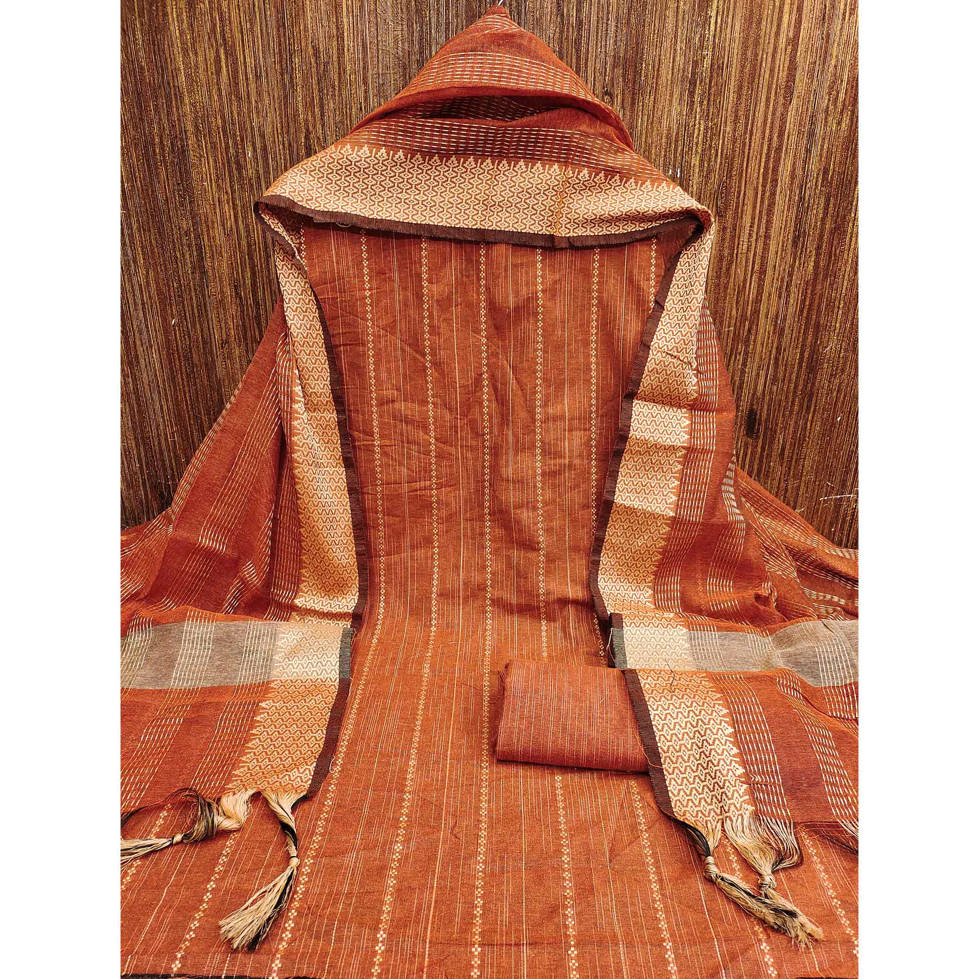 Rust Woven Cotton Blend Dress Material