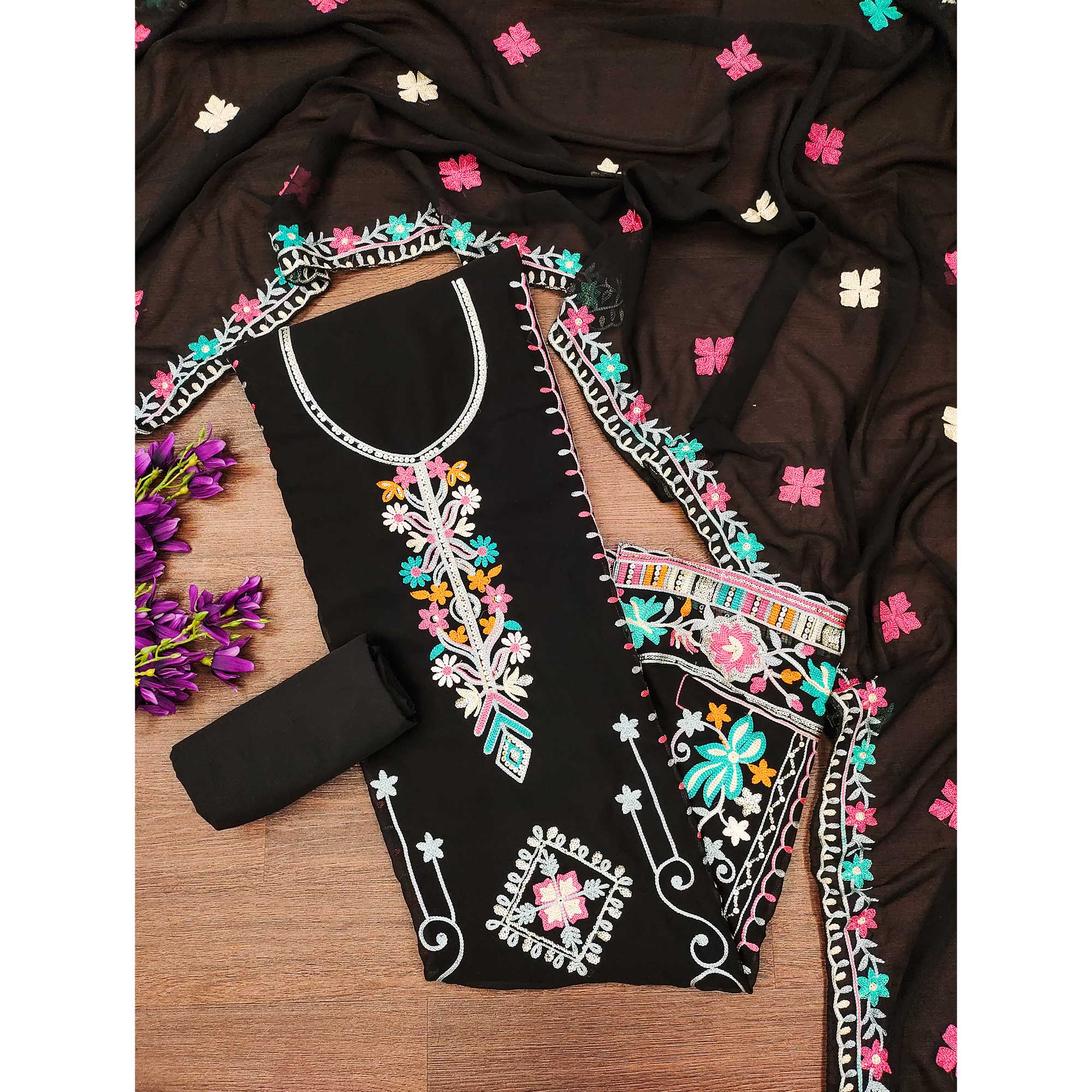 Black Floral Sequins Embroidered Georgette Dress Material