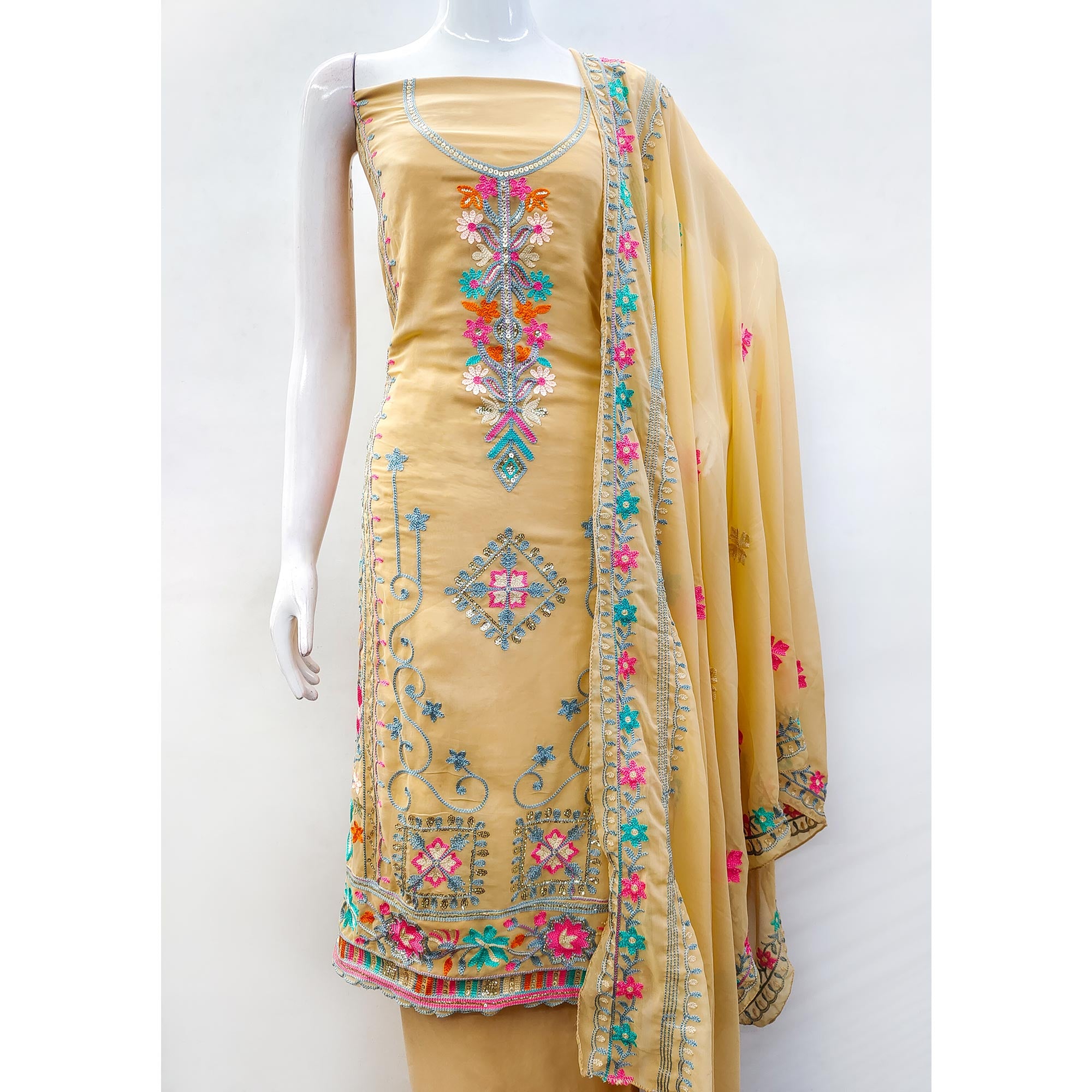 Chikoo Floral Sequins Embroidered Georgette Dress Material