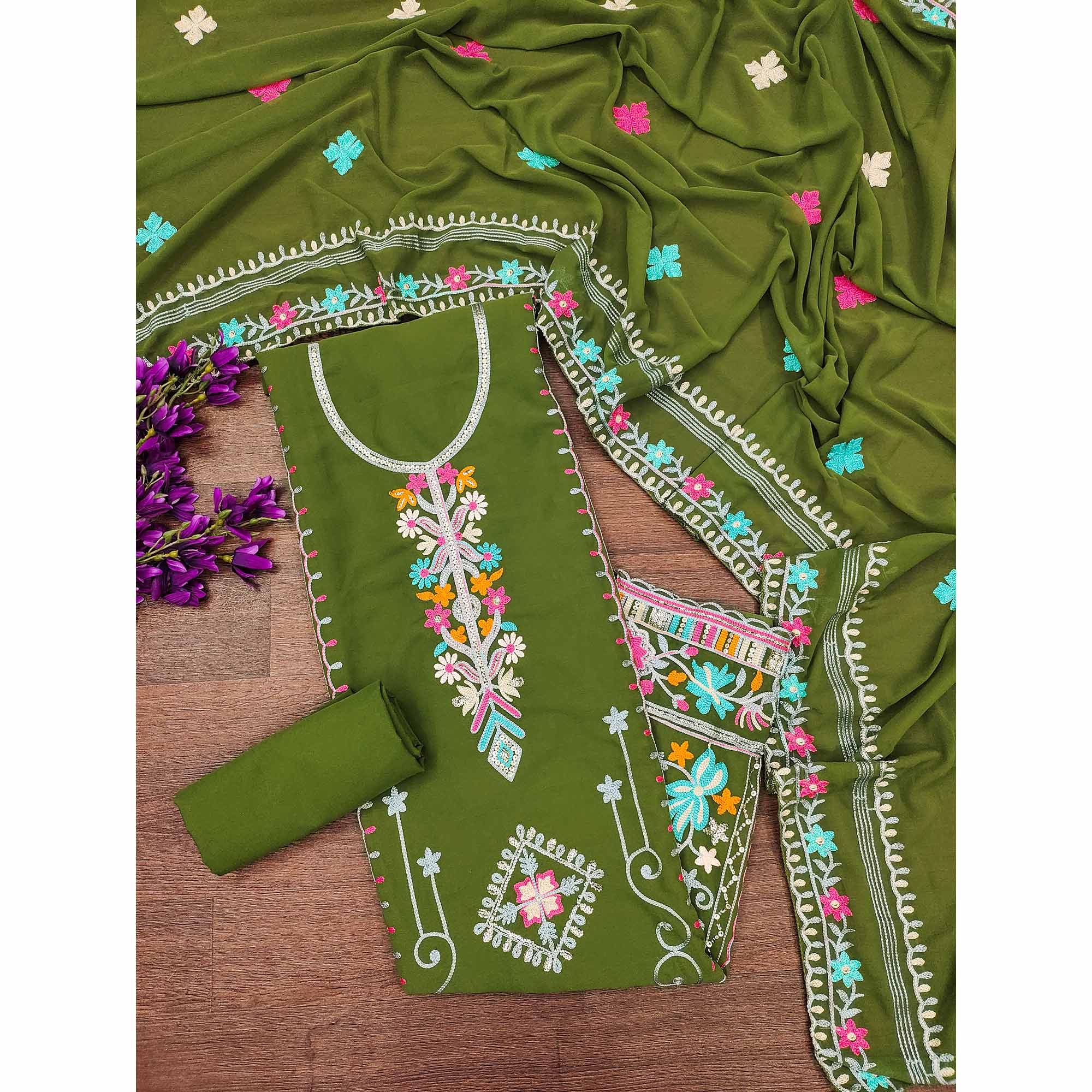 Green Floral Sequins Embroidered Georgette Dress Material