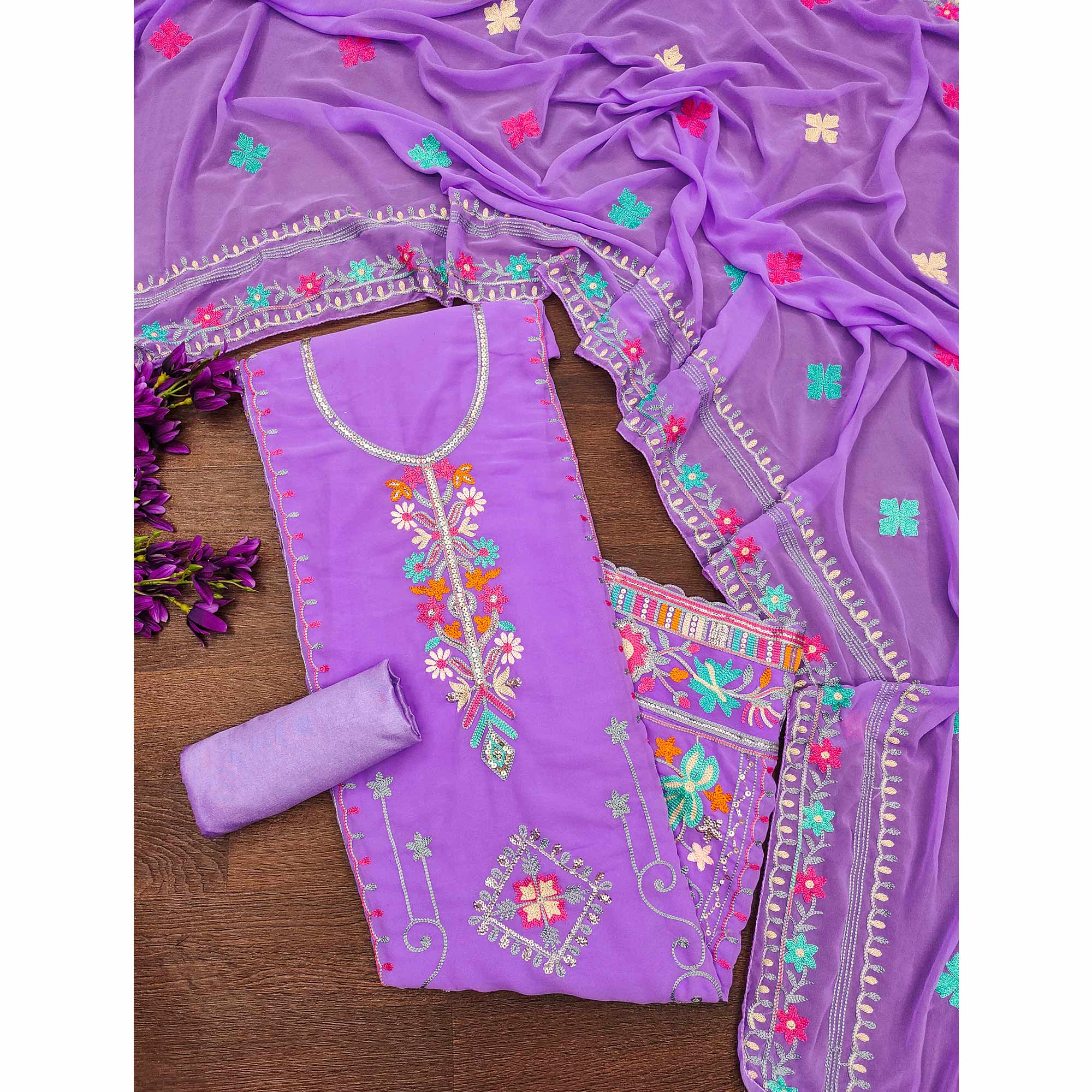 Lavender Floral Sequins Embroidered Georgette Dress Material