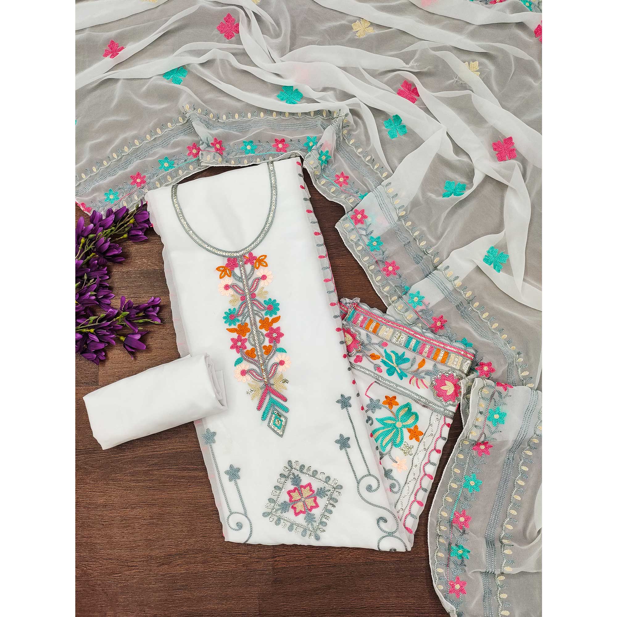 White Floral Sequins Embroidered Georgette Dress Material