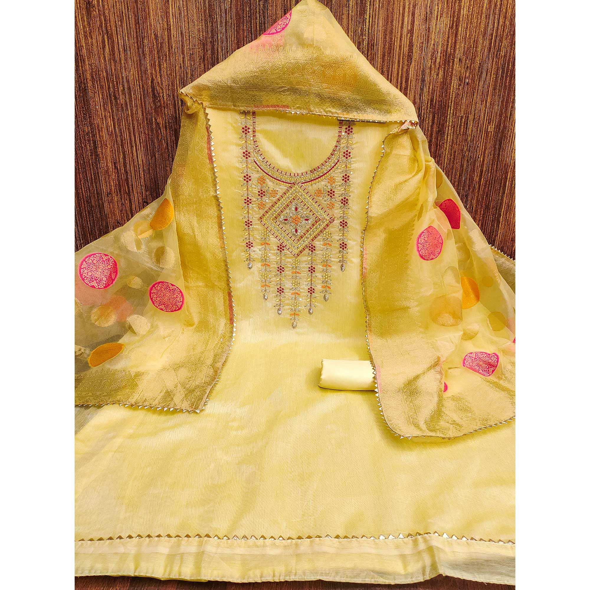 Yellow Floral Sequins Embroidered Chanderi Dress Material