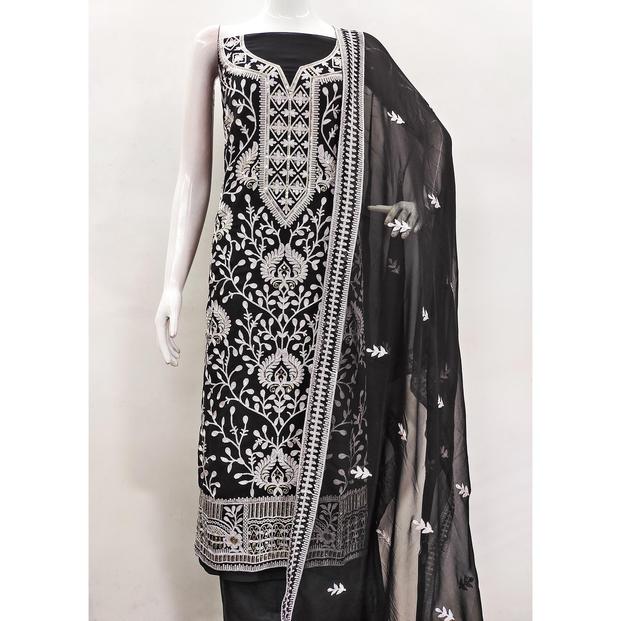 Black Floral Sequins Embroidered Georgette Dress Material