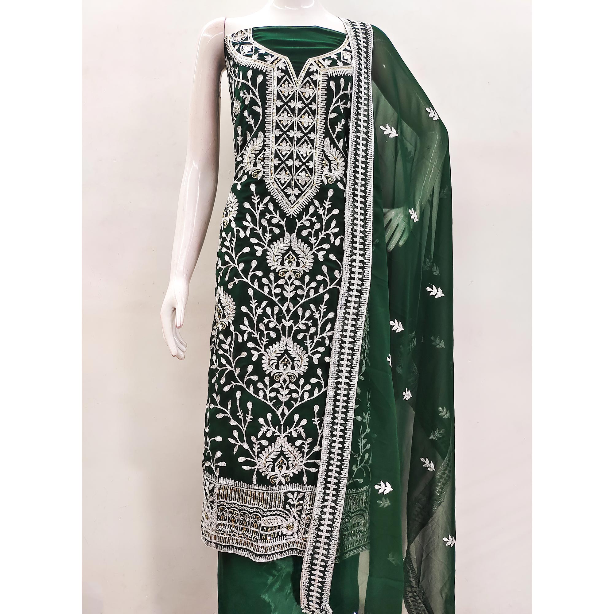 Green Floral Sequins Embroidered Georgette Dress Material