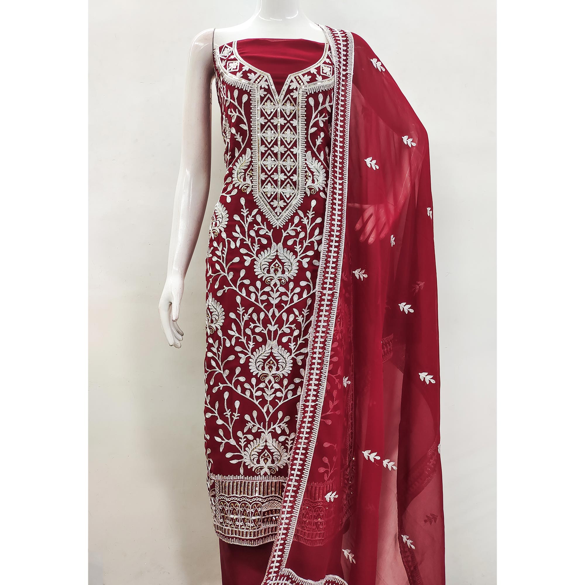 Maroon Floral Sequins Embroidered Georgette Dress Material