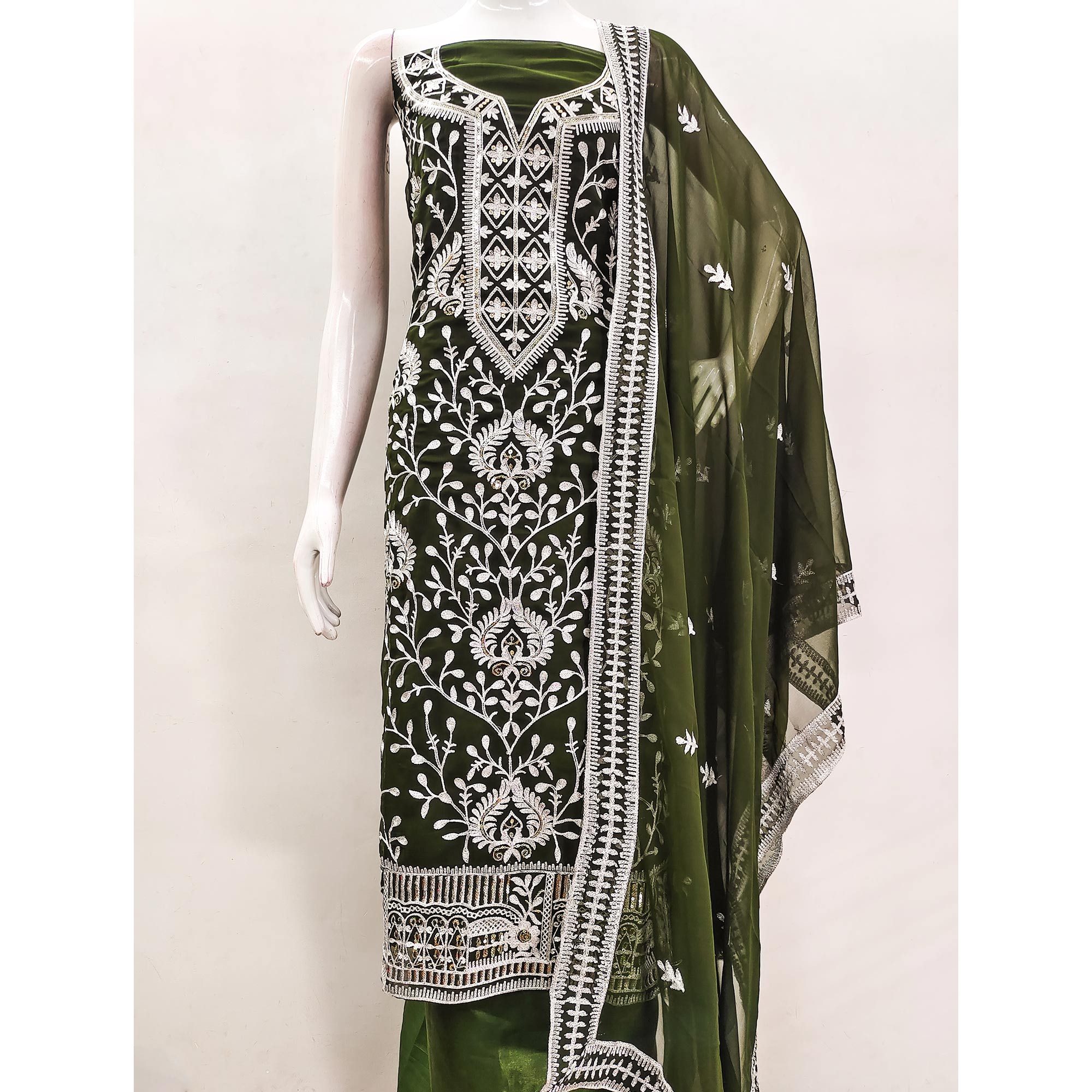 Mehendi Green Floral Sequins Embroidered Georgette Dress Material