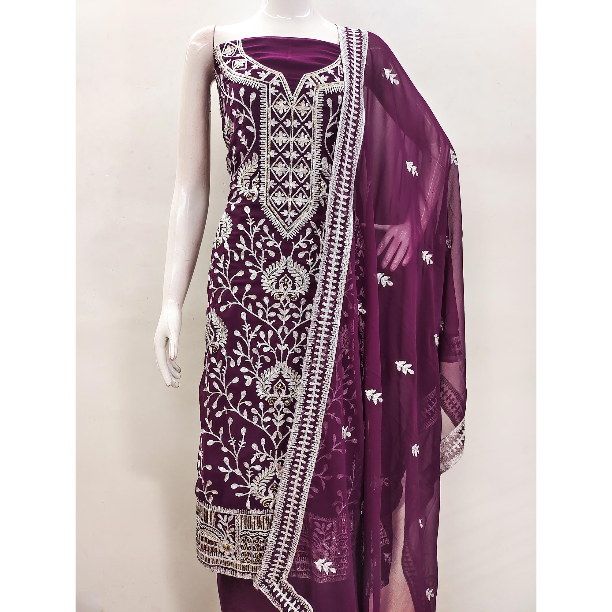 Purple Floral Sequins Embroidered Georgette Dress Material