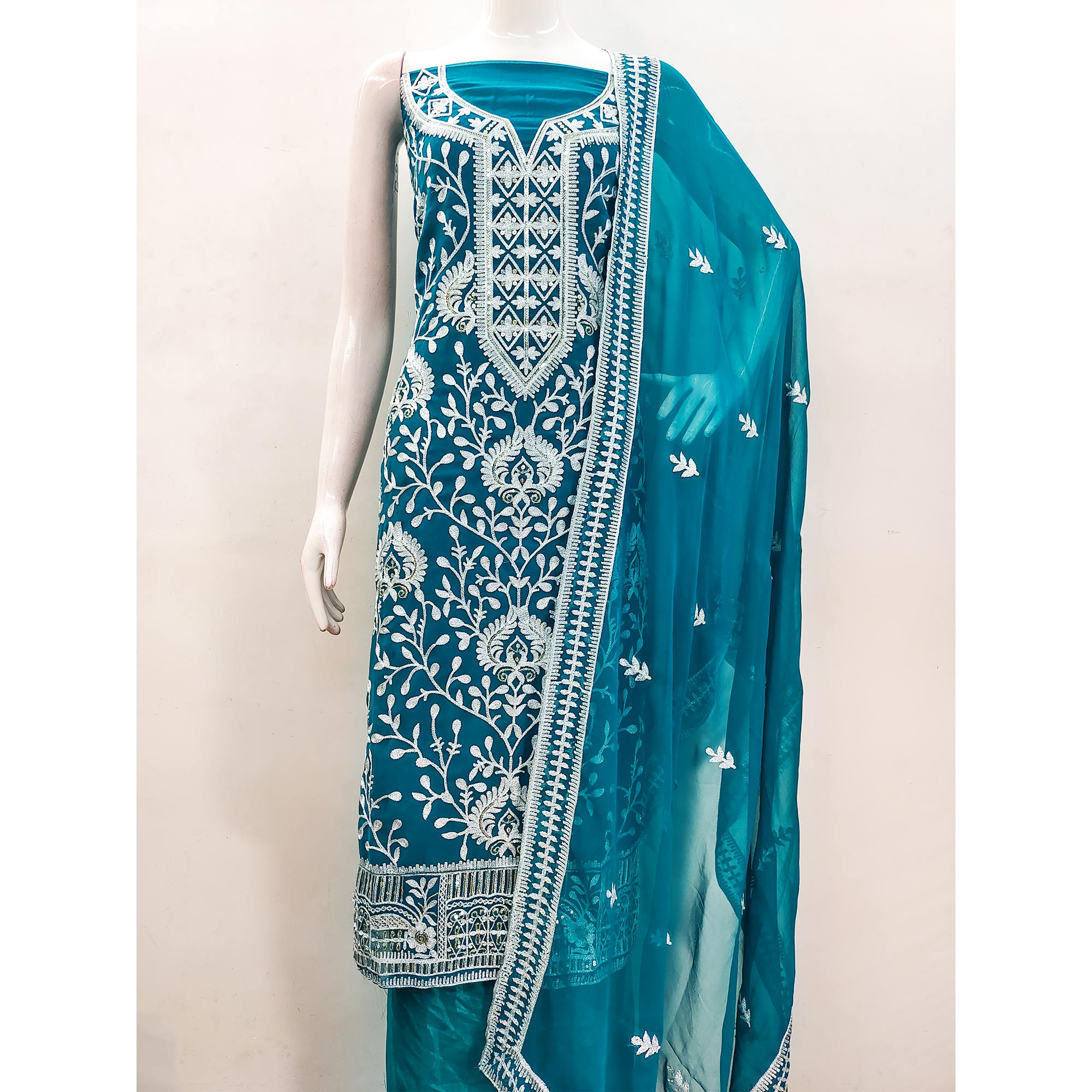Rama Blue Floral Sequins Embroidered Georgette Dress Material