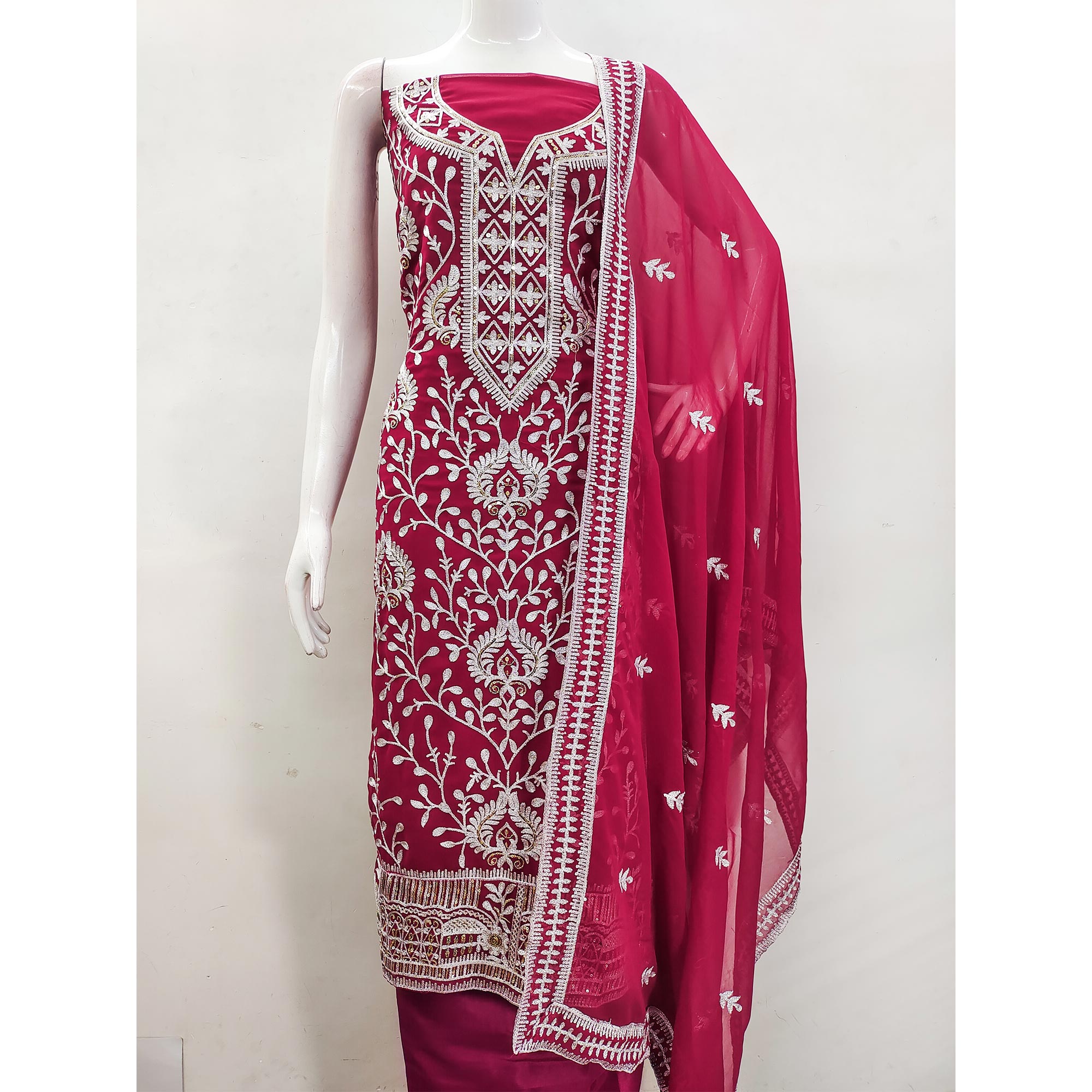 Rani Pink Floral Sequins Embroidered Georgette Dress Material