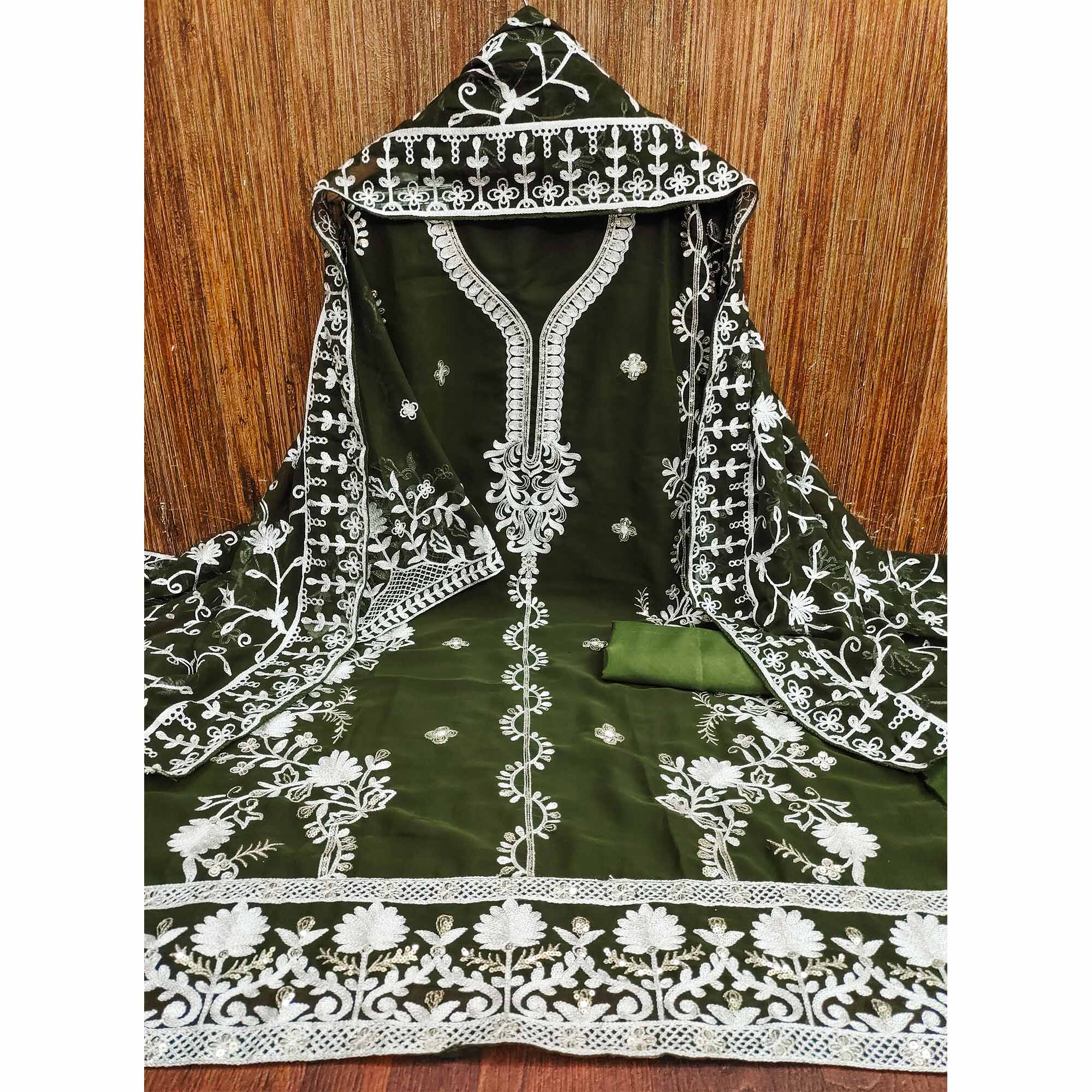 Mehendi Green Floral Sequins Embroidered Georgette Dress Material