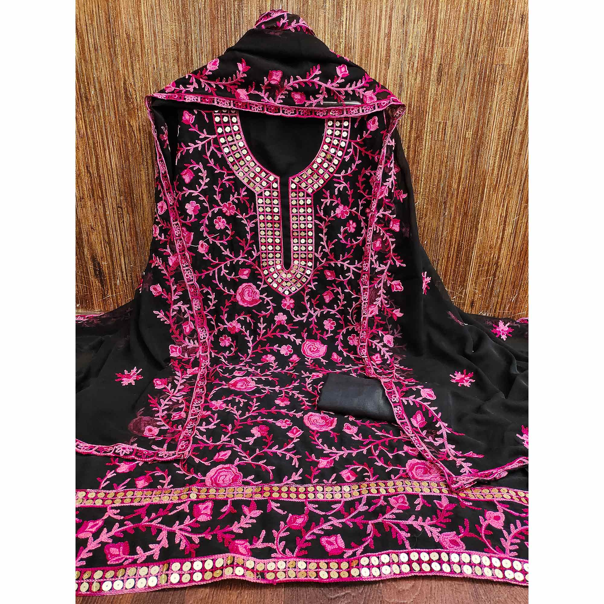 Black & Gajari Pink Floral Sequins Embroidered Georgette Dress Material
