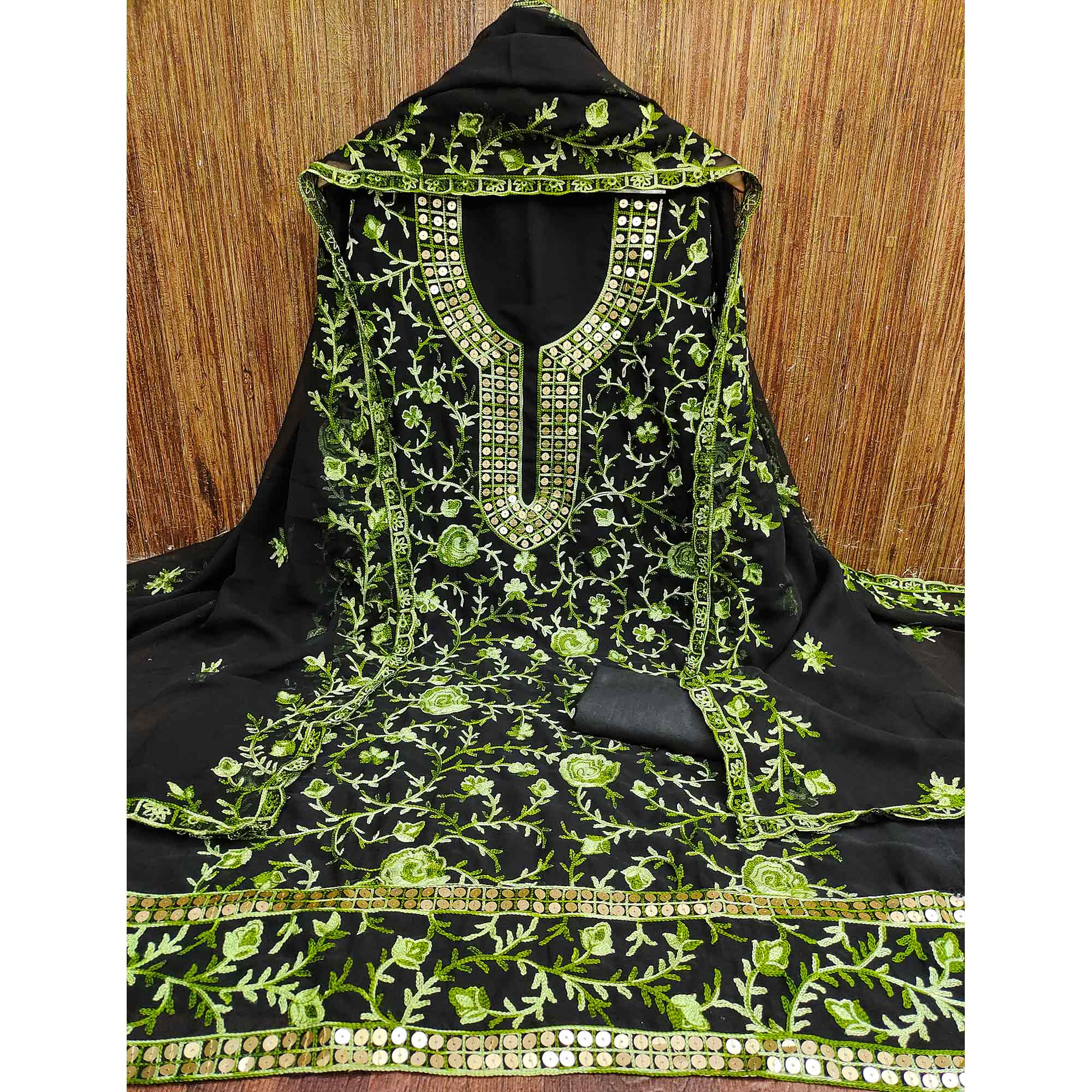 Black & Green Floral Sequins Embroidered Georgette Dress Material
