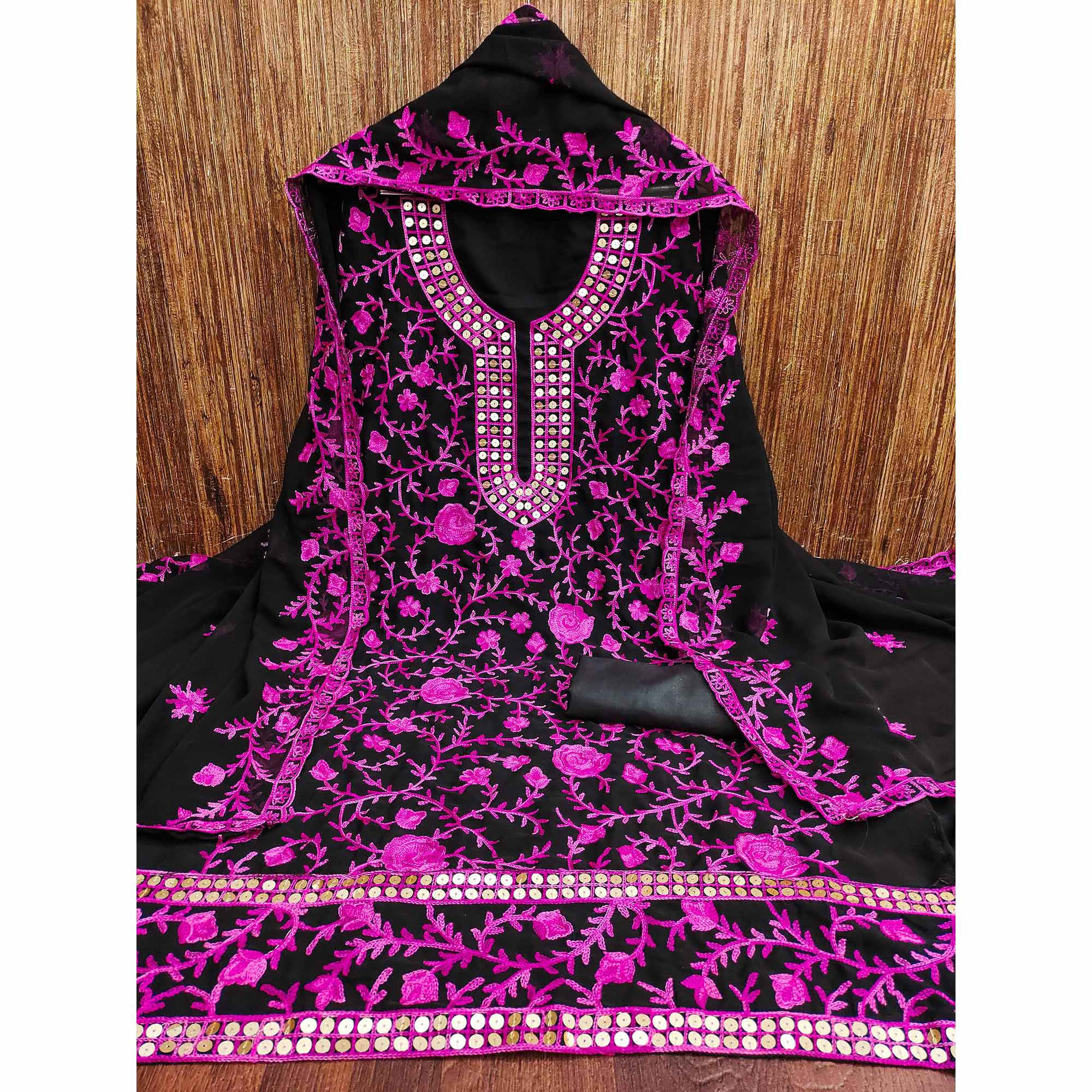 Black & Pink Floral Sequins Embroidered Georgette Dress Material