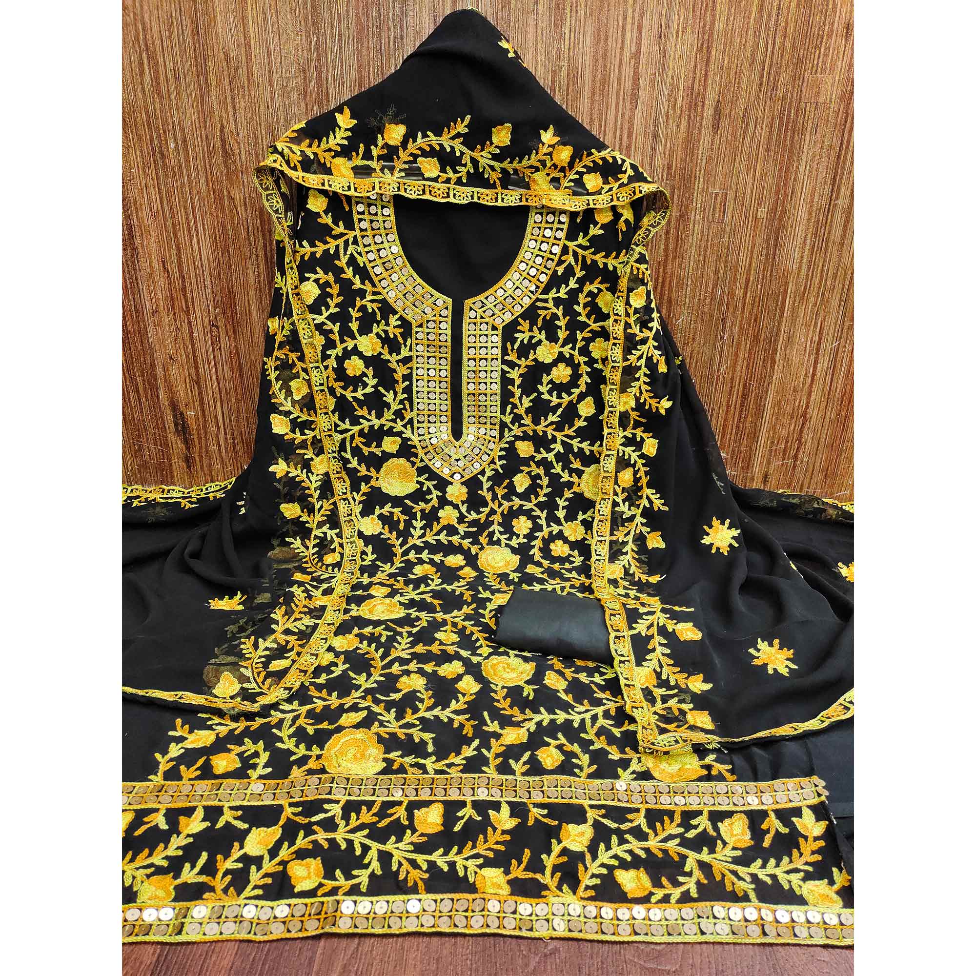 Black & Yellow Floral Sequins Embroidered Georgette Dress Material