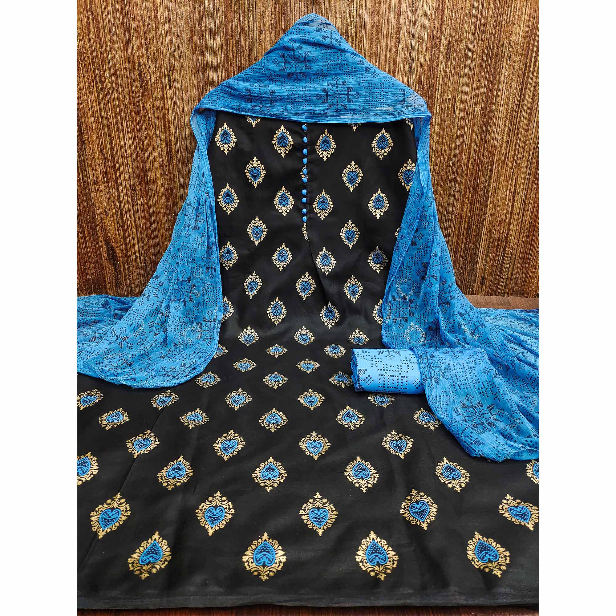 Black & Blue Printed Cotton Blend Dress Material