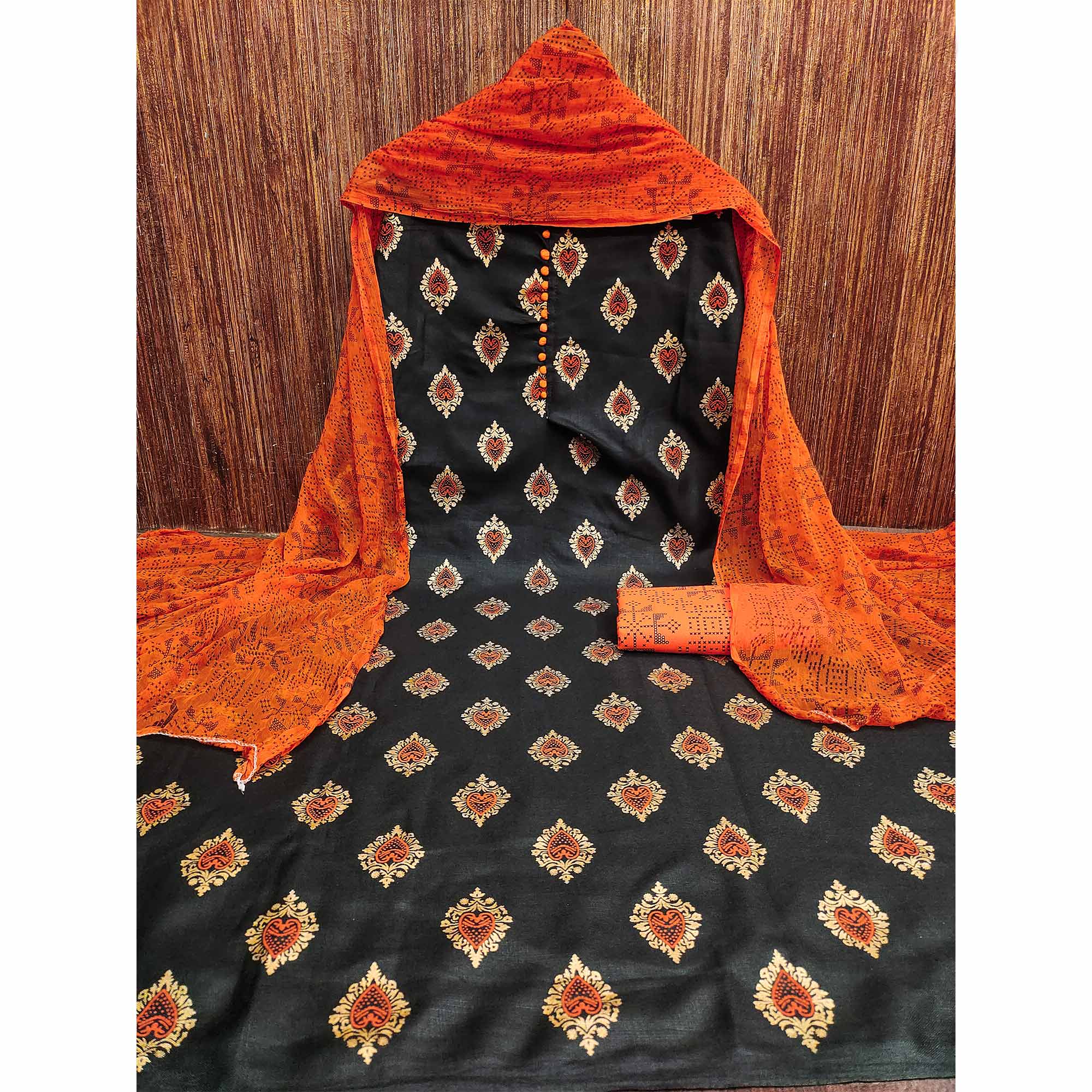 Black & Orange Printed Cotton Blend Dress Material