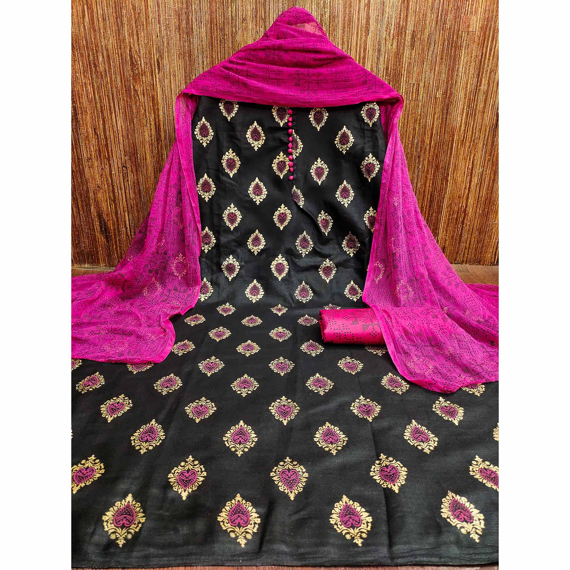 Black & Pink Printed Cotton Blend Dress Material