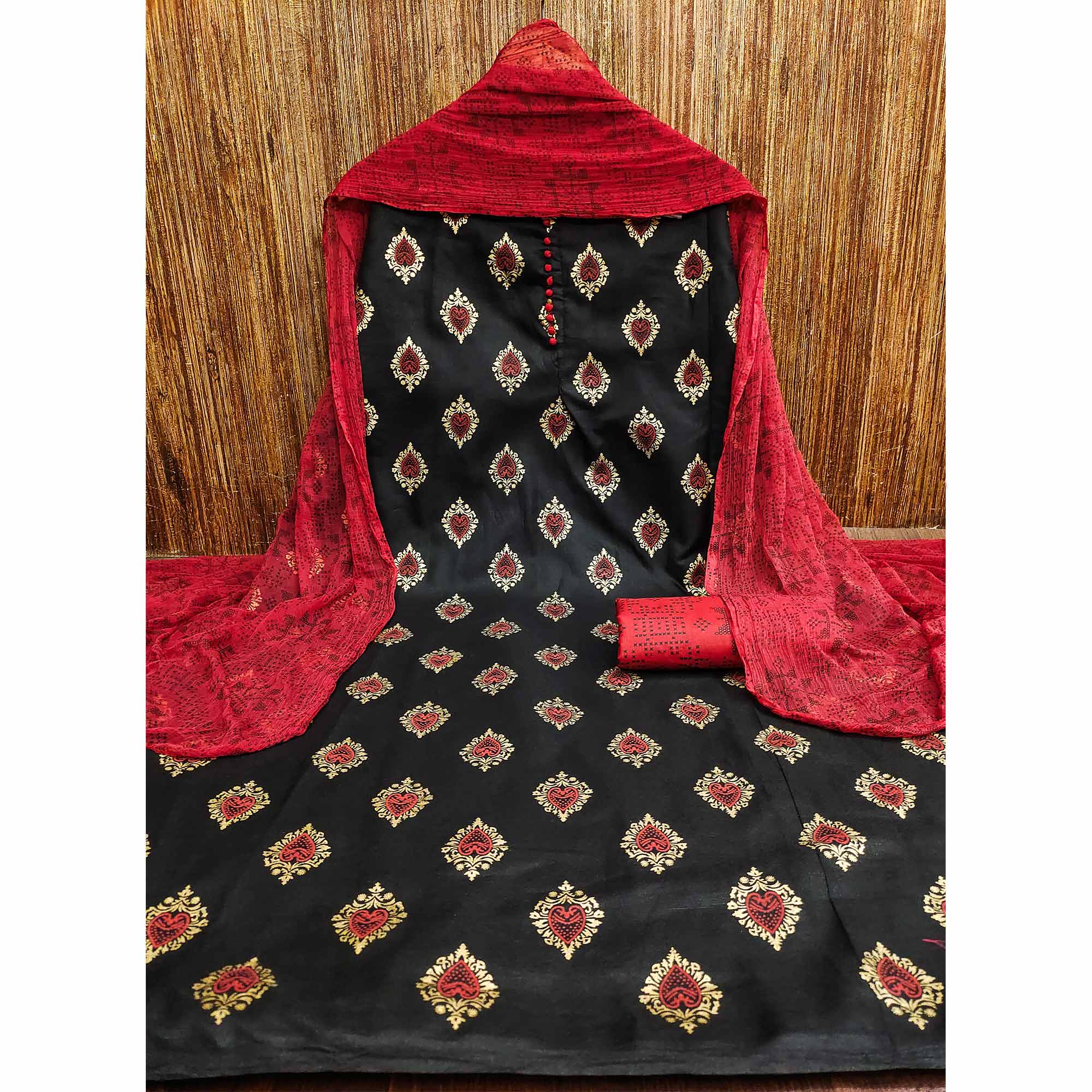 Black & Red Printed Cotton Blend Dress Material