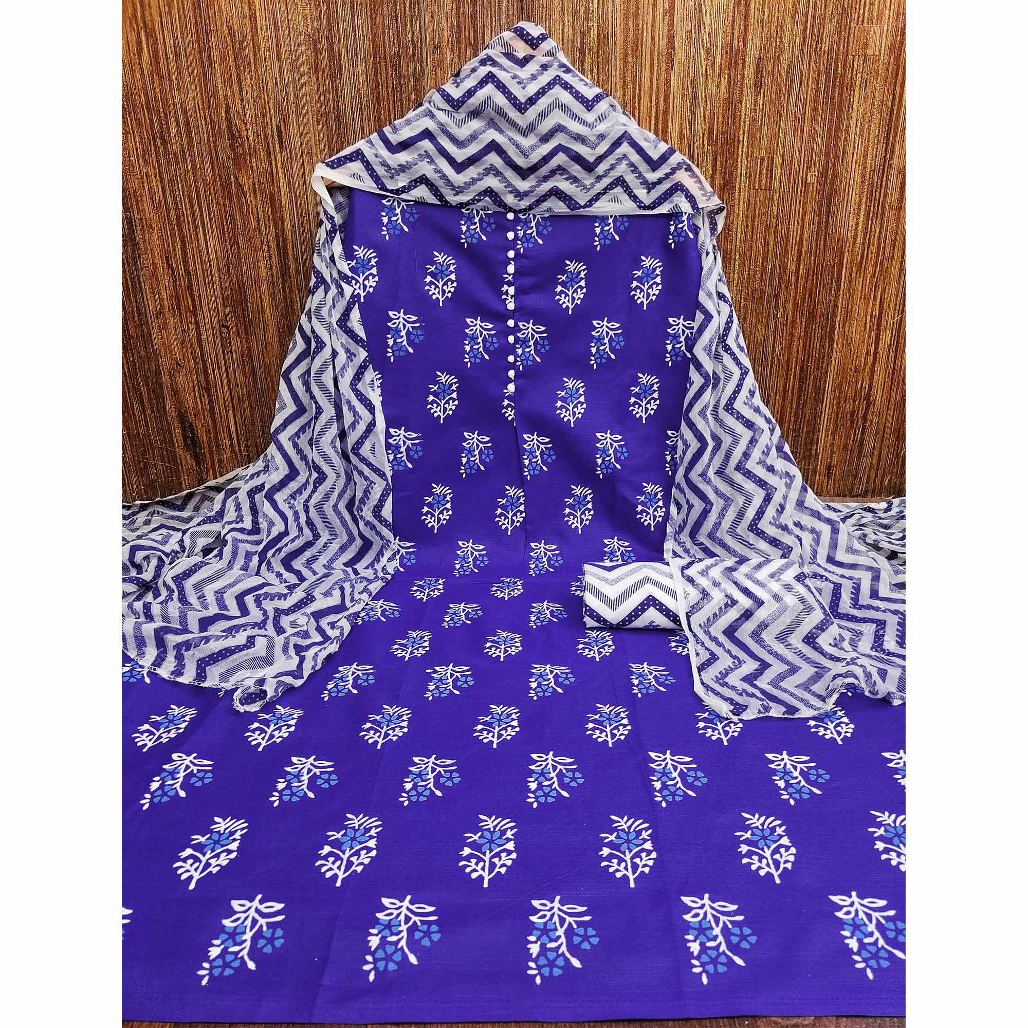 Royal Blue Floral Printed Cotton Blend Dress Material