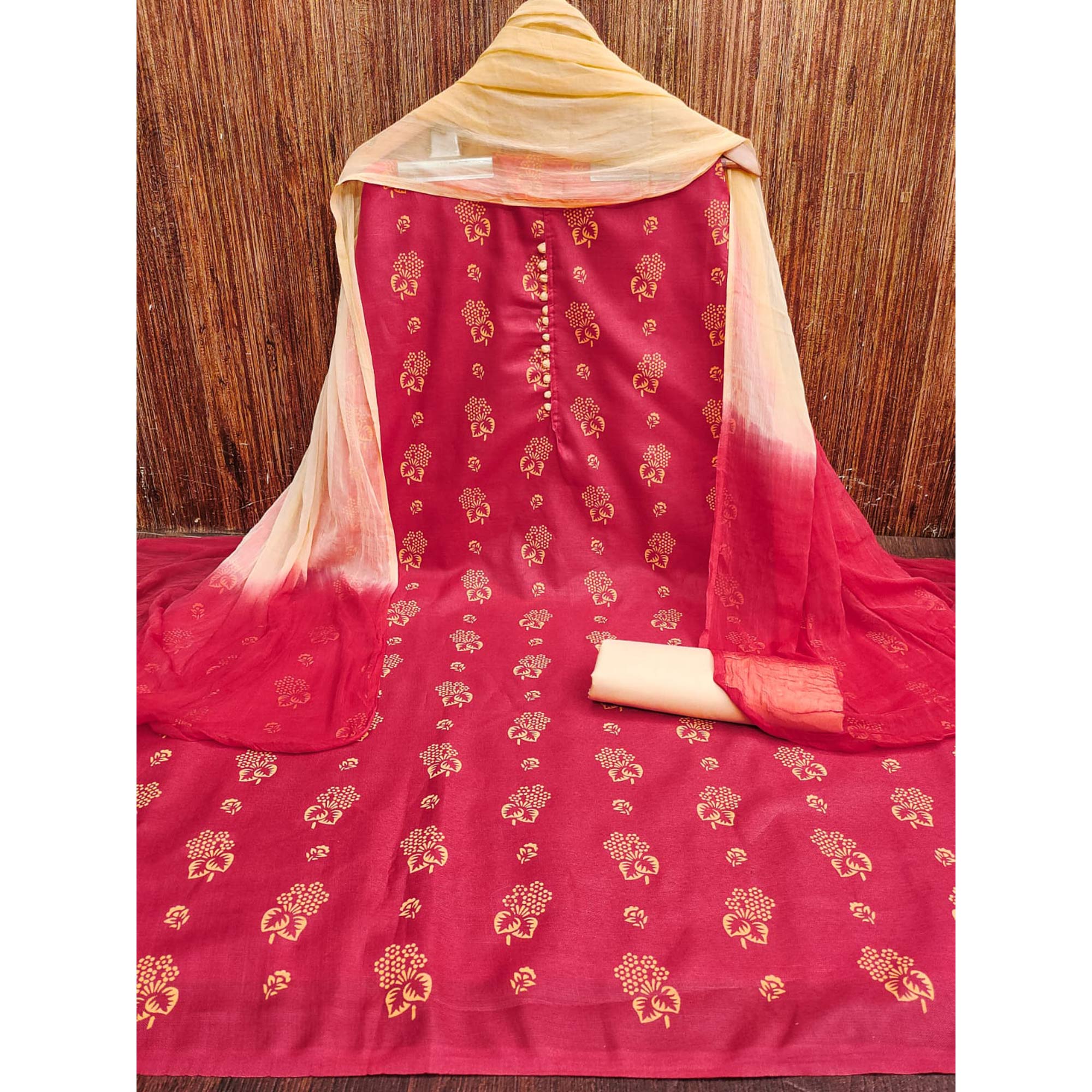 Pink Floral Foil Printed Cotton Blend Dress Material