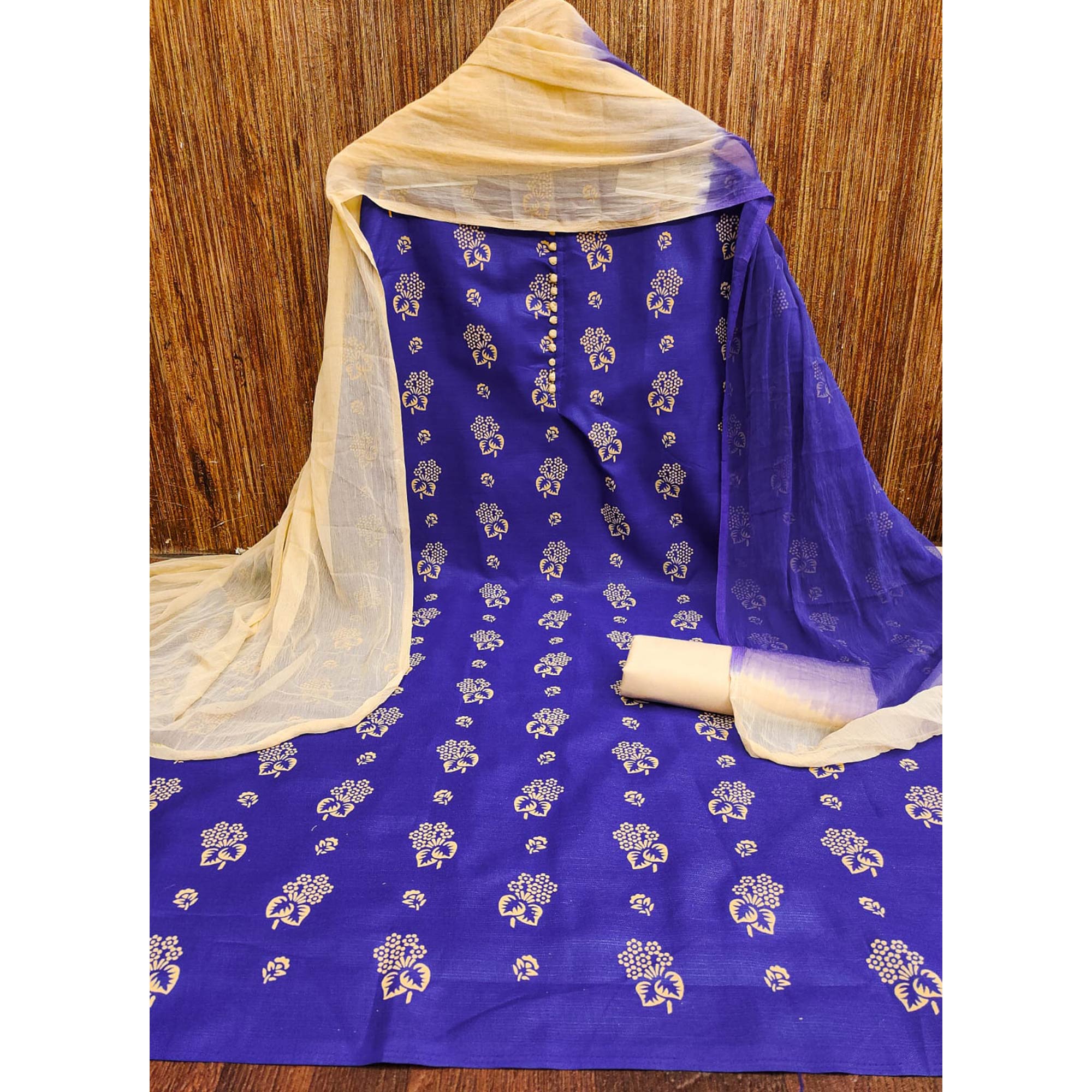Royal Blue Floral Foil Printed Cotton Blend Dress Material