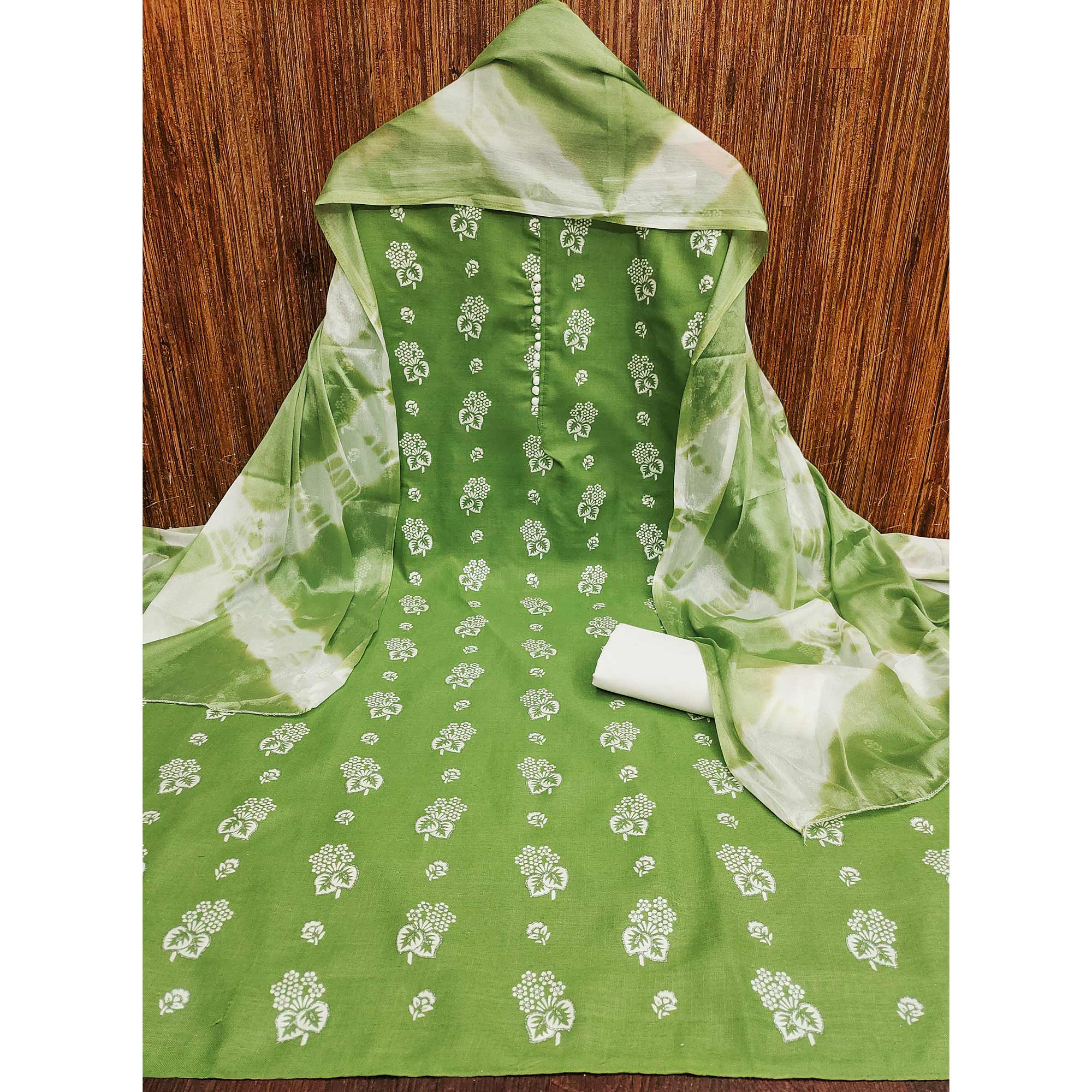 Green Foil Floral Printed Cotton Blend Dress Material