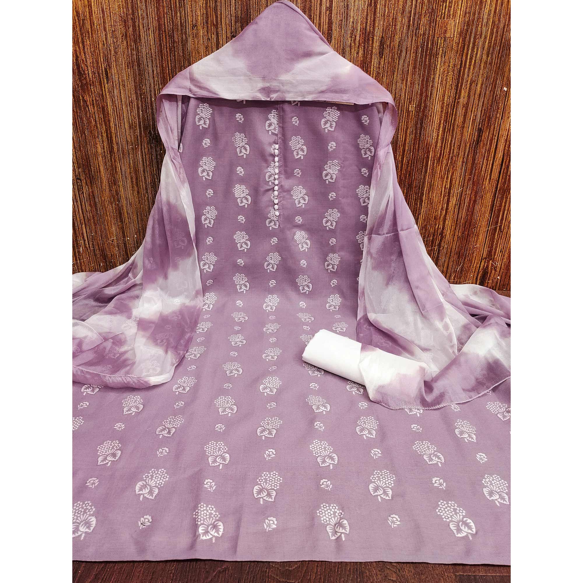 Lavender Floral Foil Printed Cotton Blend Dress Material